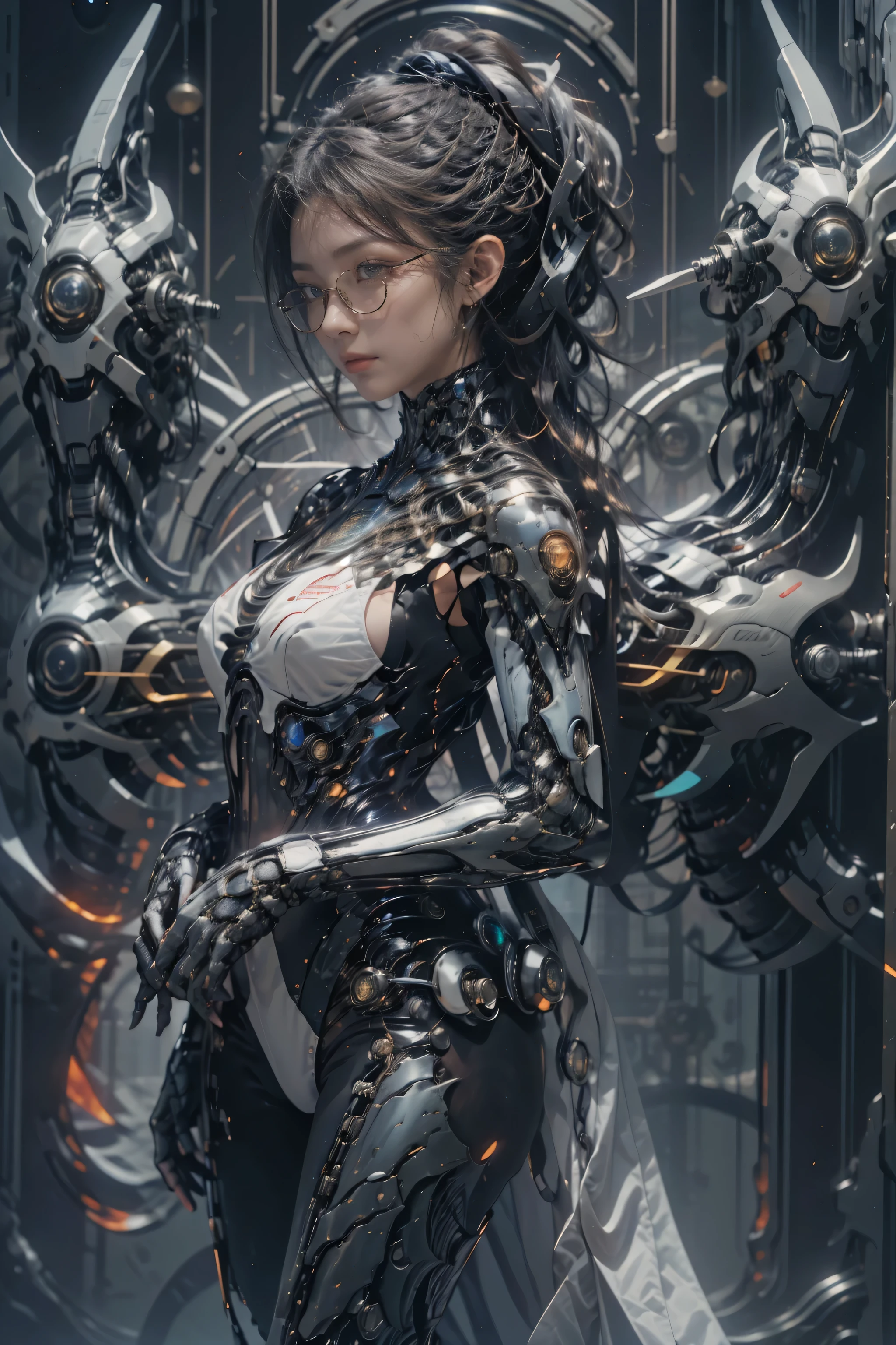 a girl，Luminous glasses，pretty face，Cold eyes，Upper body，Front view，looking at the audience，tarot cards，Futuristic sci-fi style，from behind,Red mecha