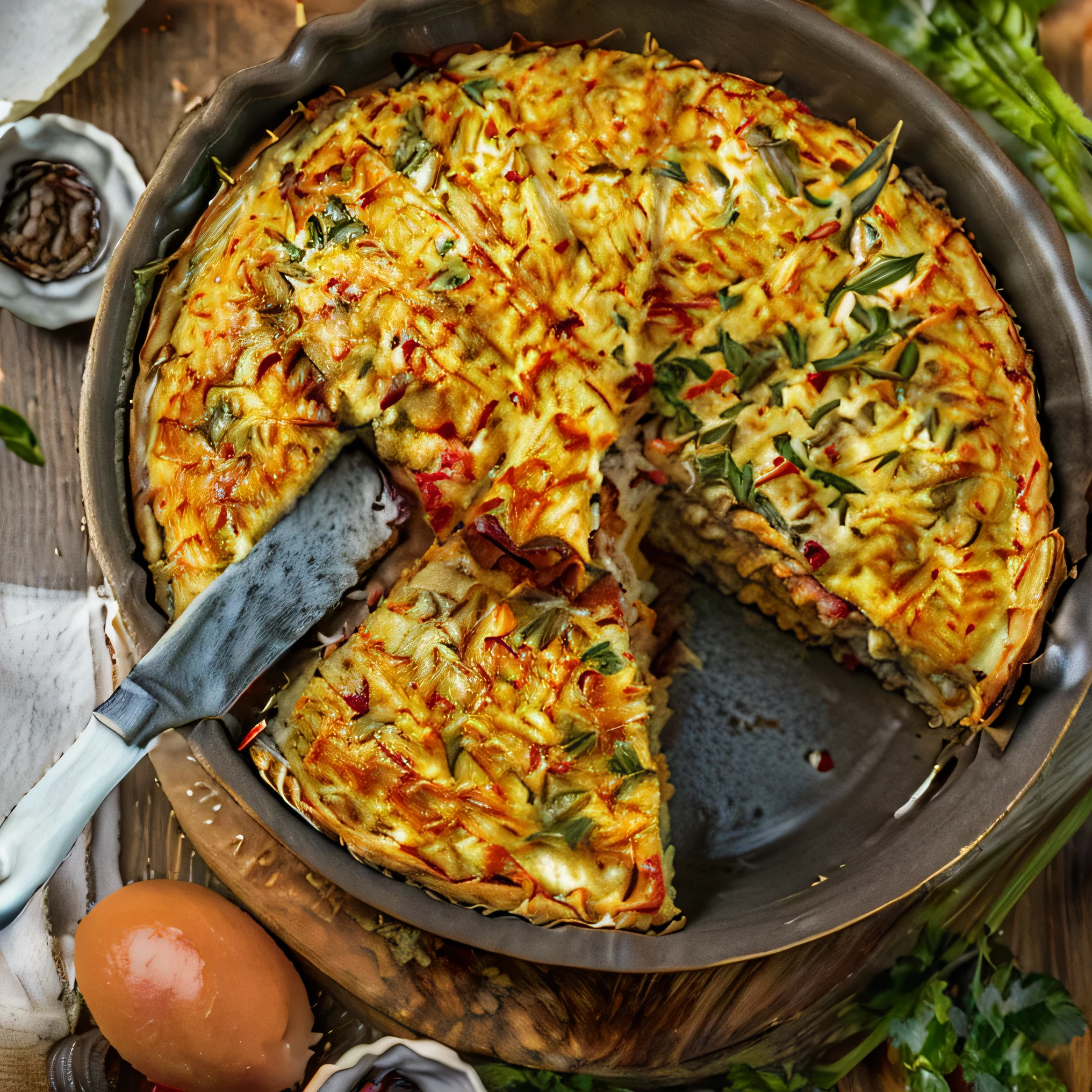 there is a pan with a slice of quiche on it, leftover meat pie, high quality food photography, yummy, recipe, 3 4 5 3 1, polish food, the best, cheesy, ❤🔥🍄🌪, fan favorite, high quality product image”, easy, highly ornate, highly intricate, shutterstock, cooked