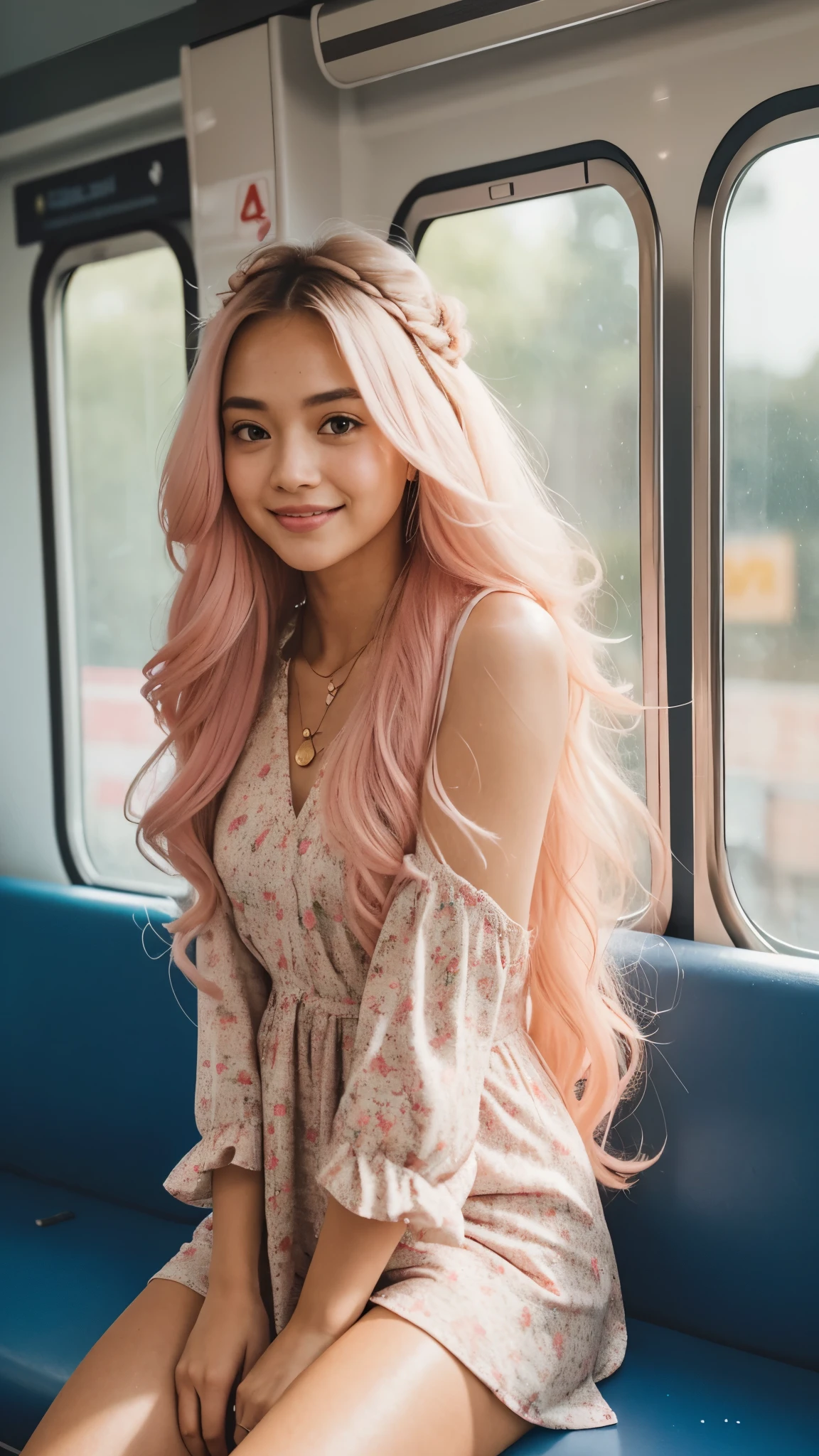 Malay girl very long white shiny hair with double big hair bun with cute cap, wear pastel pink Floral Print backless dress, pink sneakers, full body pose, seating in train, smiling, very long white hair, wear gold necklace, front view, very long wavy white hair, messy hair, hair blown, windy, detail skin, age spot, detail skin texture, mole below eyes, small breast, flat chest, wide hips, small waists, thick thighs, slim abs, beautiful body, morning, laughing, happy, bright lighting, people in train background, inside train background, blur background, bokeh, location: train, 35mm lense, low angle Shot, Deep Focus cinematography effect, Natural Lighting, cool-toned color grading, high quality, ultra detail, 8k resolution, using Canon EOS C700,