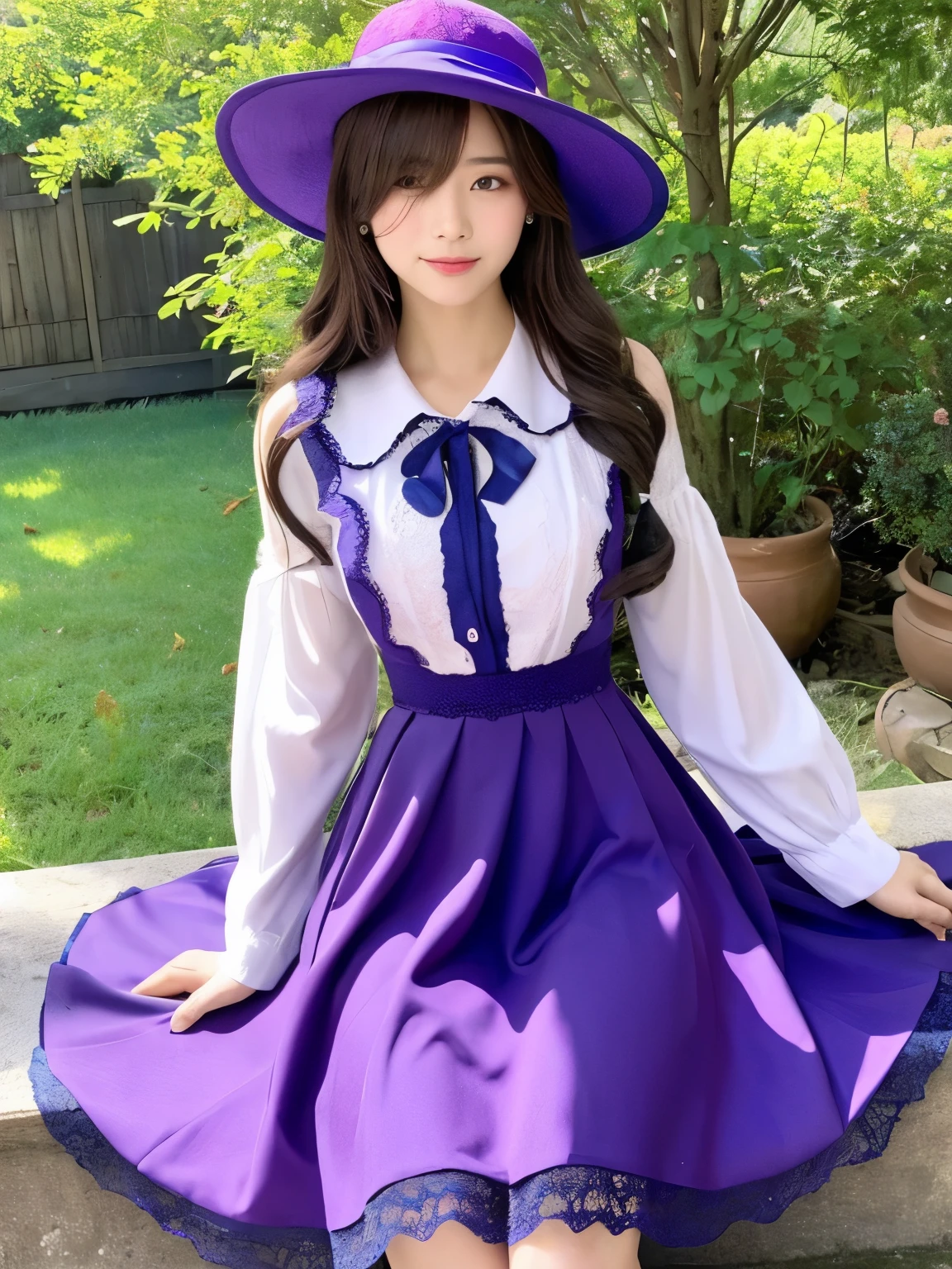 前髪がvery long,流れる長い前髪、流れる髪の毛、太い短剣、歳の少女、blue rose ,{dark brown hair,hair over one eye,long hair,flipped hair,purple minihat,blue rose on the hat} ,紫色の目、馬の耳、馬の尻尾,{purple dress:1.5,lolita dress,purple style},belt,cutwork lace legwear,zettai ryouiki,pink cheek,pink lips,slim body type