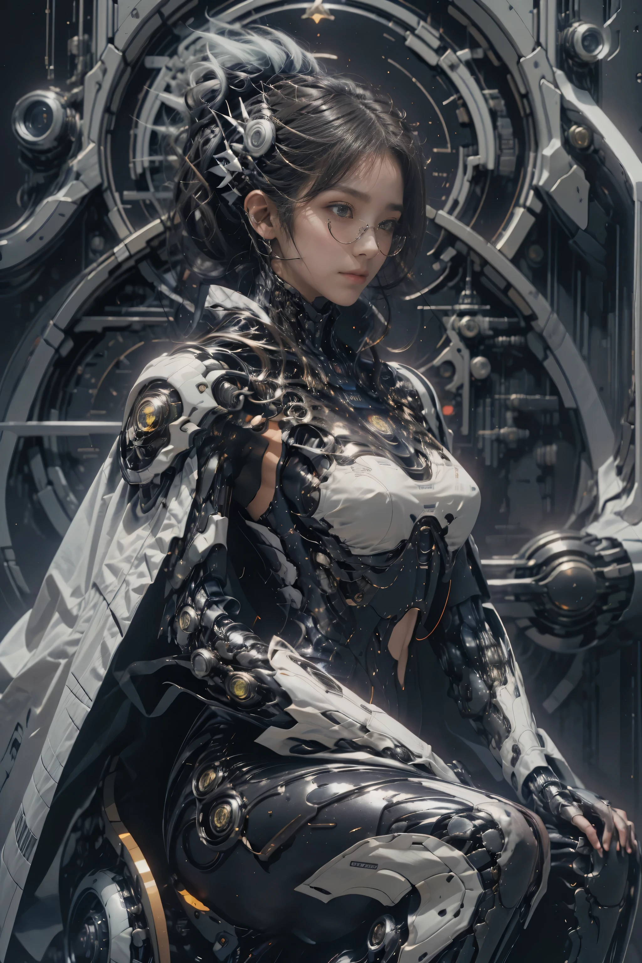 a girl，Luminous glasses，pretty face，Cold eyes，Upper body，Front view，looking at the audience，tarot cards，Futuristic sci-fi style，from behind,Red mecha