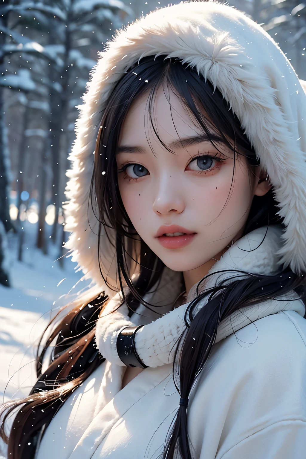 Young Asian woman in a white kimono, radiating a sexy and fierce face amidst the full winter scene, snow falling softly around her. Super detailed, real-life representation in Ultra HD 8k resolution, with facial details rendered up to 1080p for breathtaking clarity. Cinematic lighting casts an ethereal glow upon her features, as the background blurs into beautiful bokeh. A snowy forest stretches out before her, with the distant sound of a helicopter flying overhead, adding an element of excitement and danger to the serene scene. --s2--, 8k realistic, --auto--