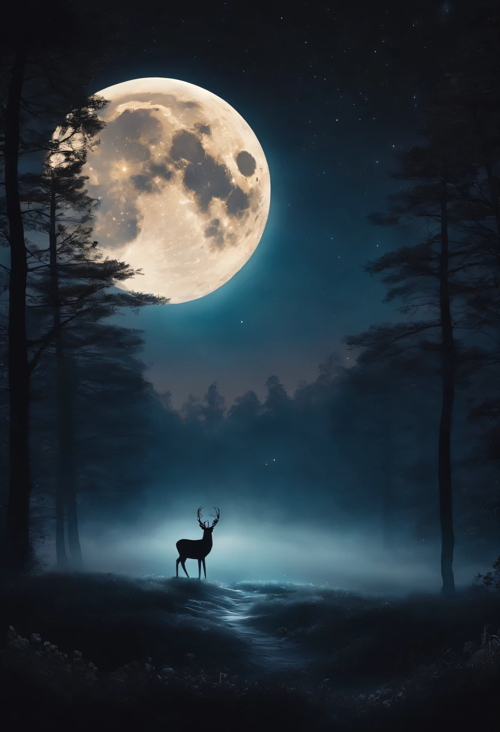 At midnight,Moon rare star rare,Glowing sika deer in the dreamy deep forest,bright shining eyes