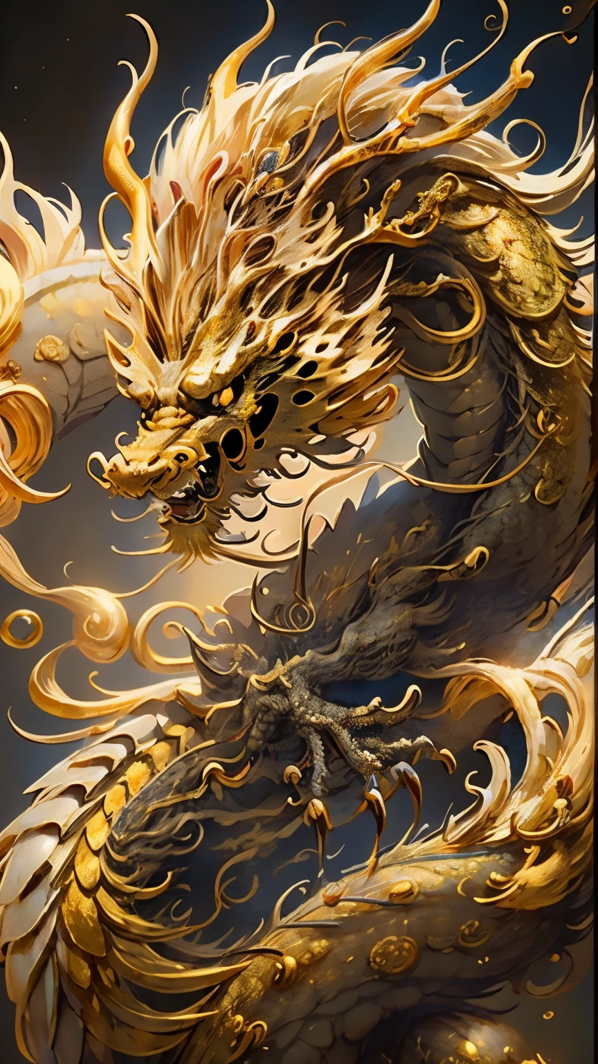 golden dragon, very detailed, 8 K, gold, 1体のgolden dragon, Super high quality , golden color background,