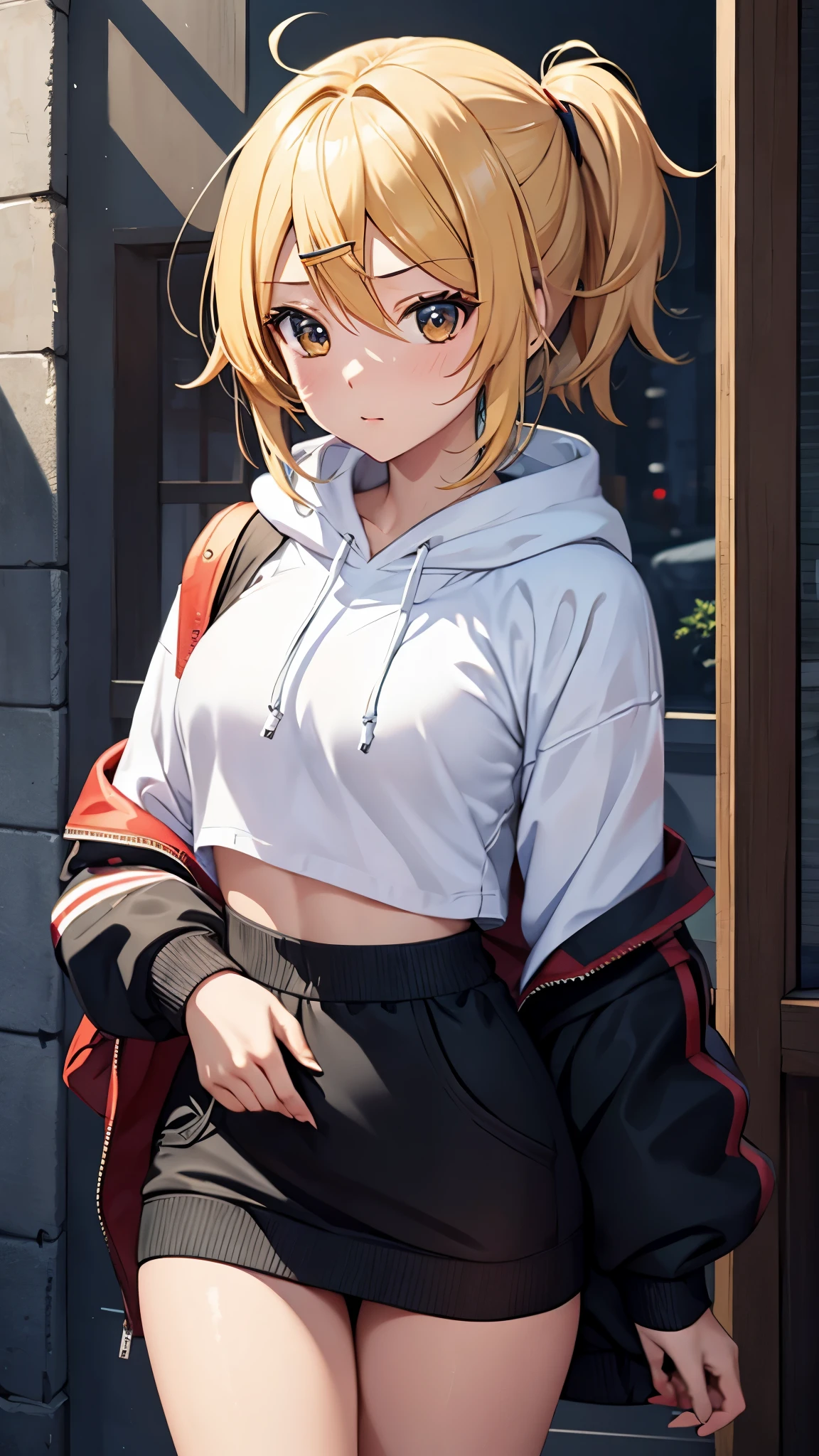 Kagamine rin , 1 girl , wearing a red hooded sweater , white miniskirt with gold horizontal lines , viendo al espectador , bragas visibles , rostro seductor ,(imagen de ultra alta calidad 8k ) obra maestra ( high-definition picture ) , maximum image resolution , ( detalles de la imagen bien definidos )