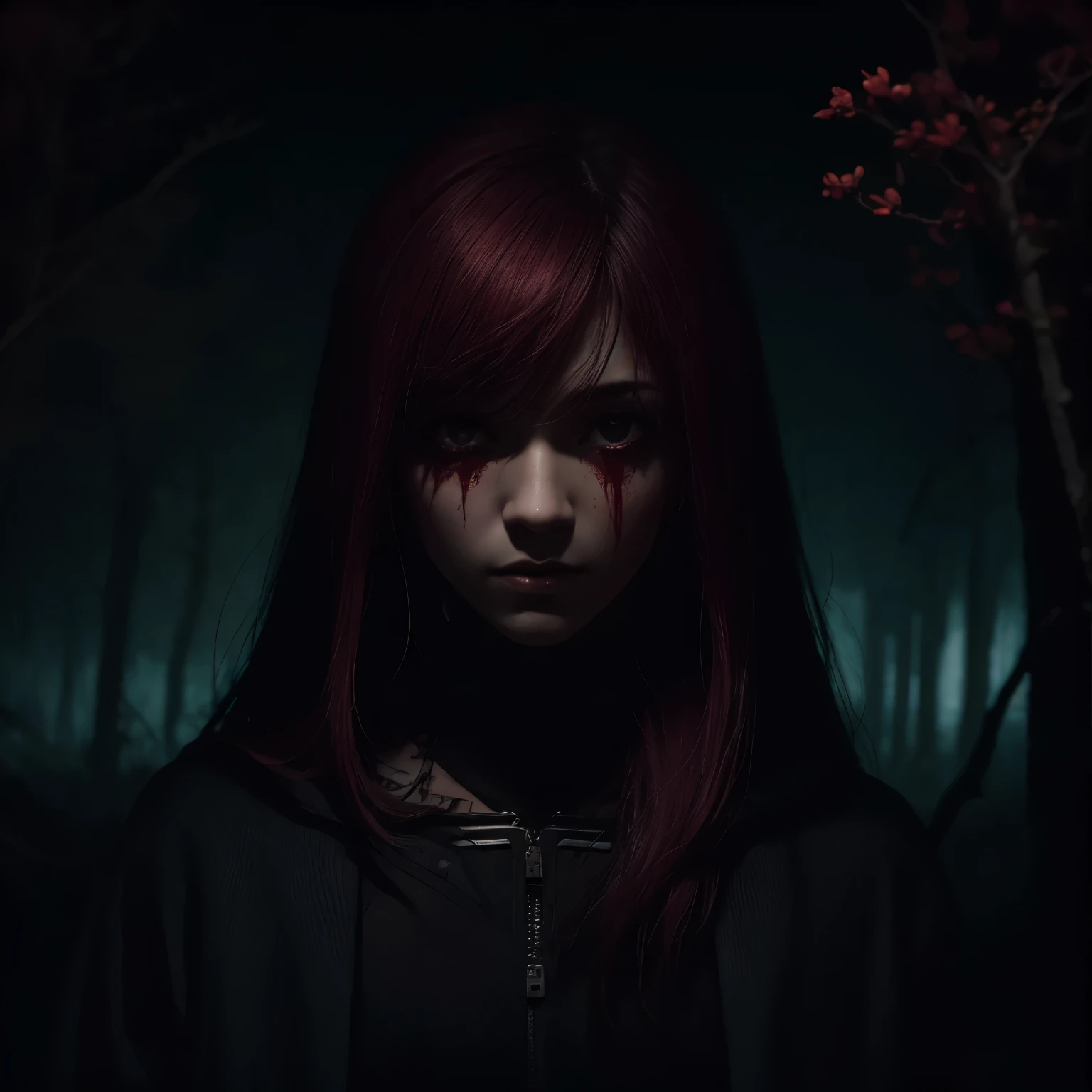 personagem assustado e sujo no meio de uma floresta densa durante a noite, retrato, dark scenery, estilo horror, pesadelo, cena macabra, filme de terror, personagem com medo, floresta retorcida e sobrenatural, personagem sujo de sangue, noite sem lua, desolate and destroyed place, apocalipse