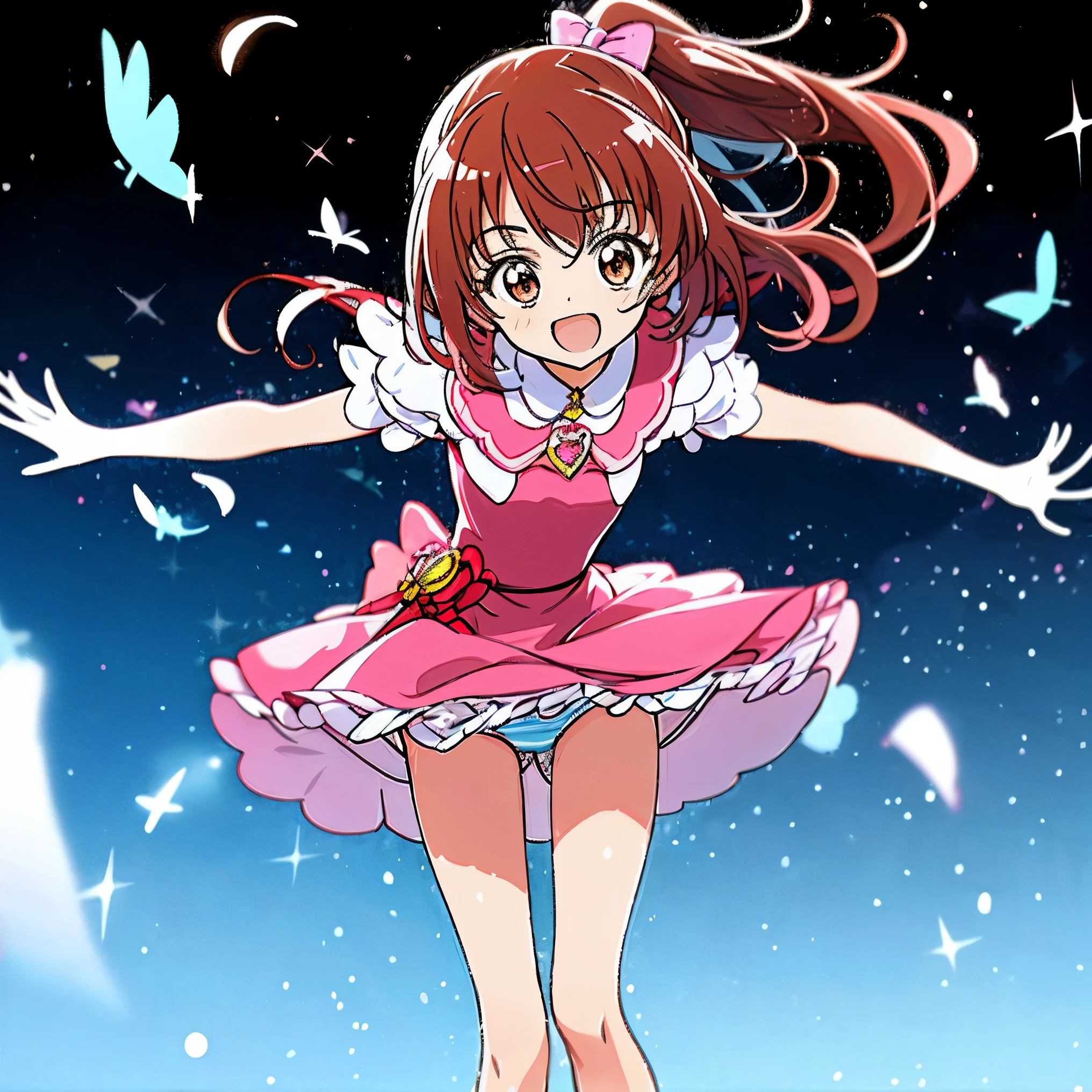 shot from the side、cowboy shot、(highest quality,High resolution,masterpiece:1.2),alone、official art、Precure、black hair、brown eyes、Magical girl clothes based on pink and yellow、intricate decoration、cute、obedient、brown hair、timid、alone、Bright park background、bright background、Skirts that flip up in the wind、((knees up,forward leaning posture、jump、bring your knees and chest closer together))、bright background、Chiho, Yoshitomo Nara, narumi kakinouchi, (panty shot)