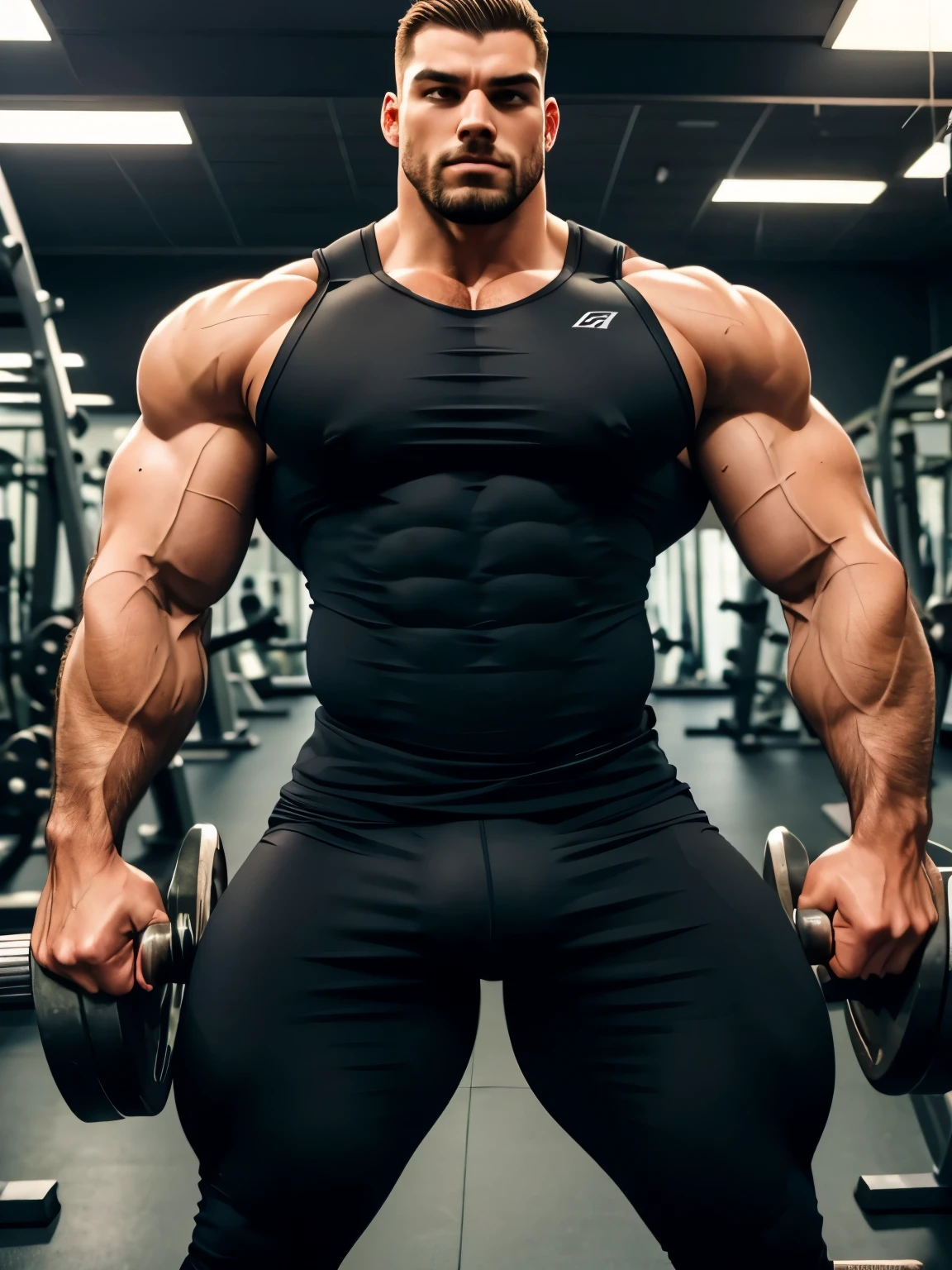 A powerful muscled man is lifting weights in the gym, he is huge, 7 feet tall and rippling with muscle, several sexy women is small tight gym clothes drool and watch him