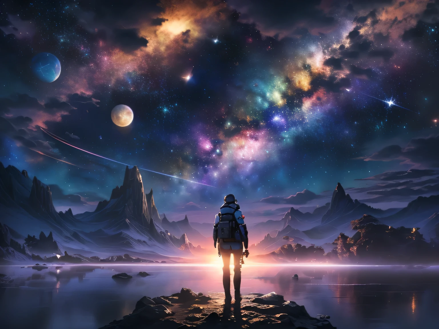A man in armor looks at the stars in the sky from a rock, cosmos sem fim no fundo, Olhe para o universo, Arte digital 4k altamente detalhada, perdidos no vazio leitoso, amazing wallpaper, obra-prima de artgem e beeple, 8k arte deslumbrante, Papel de parede de arte digital 8K HD, lost in the immensity of space, Alguns planetas, buraco negro