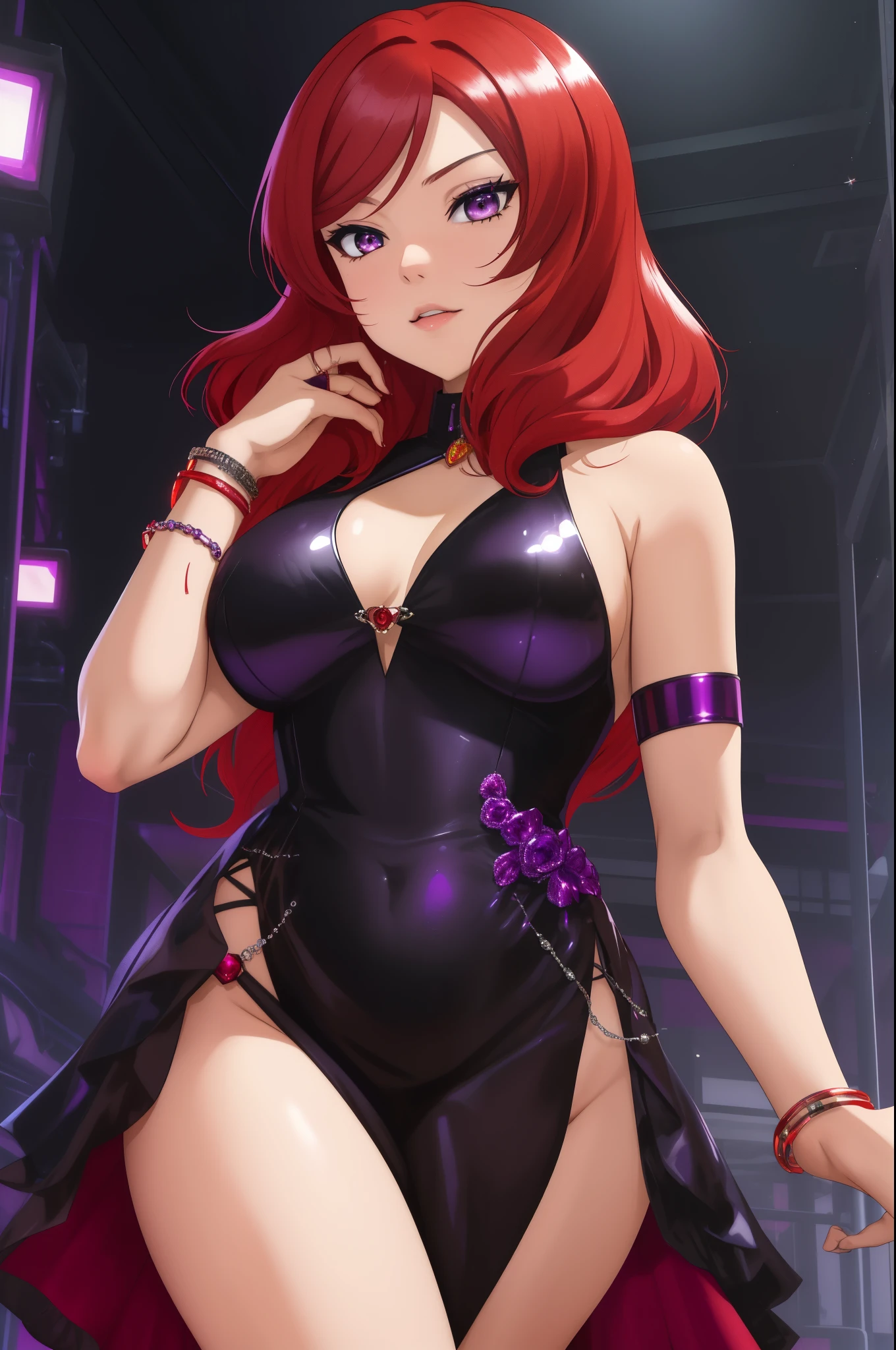 masterpiece, best quality, (1girl:1.000), (bracelet:1.000), (nishikino maki), (red hair:0.987), (purple eyes:0.976), sleek black dress that hugged her curves , silver jewelry. Her hair was styled into loose waves