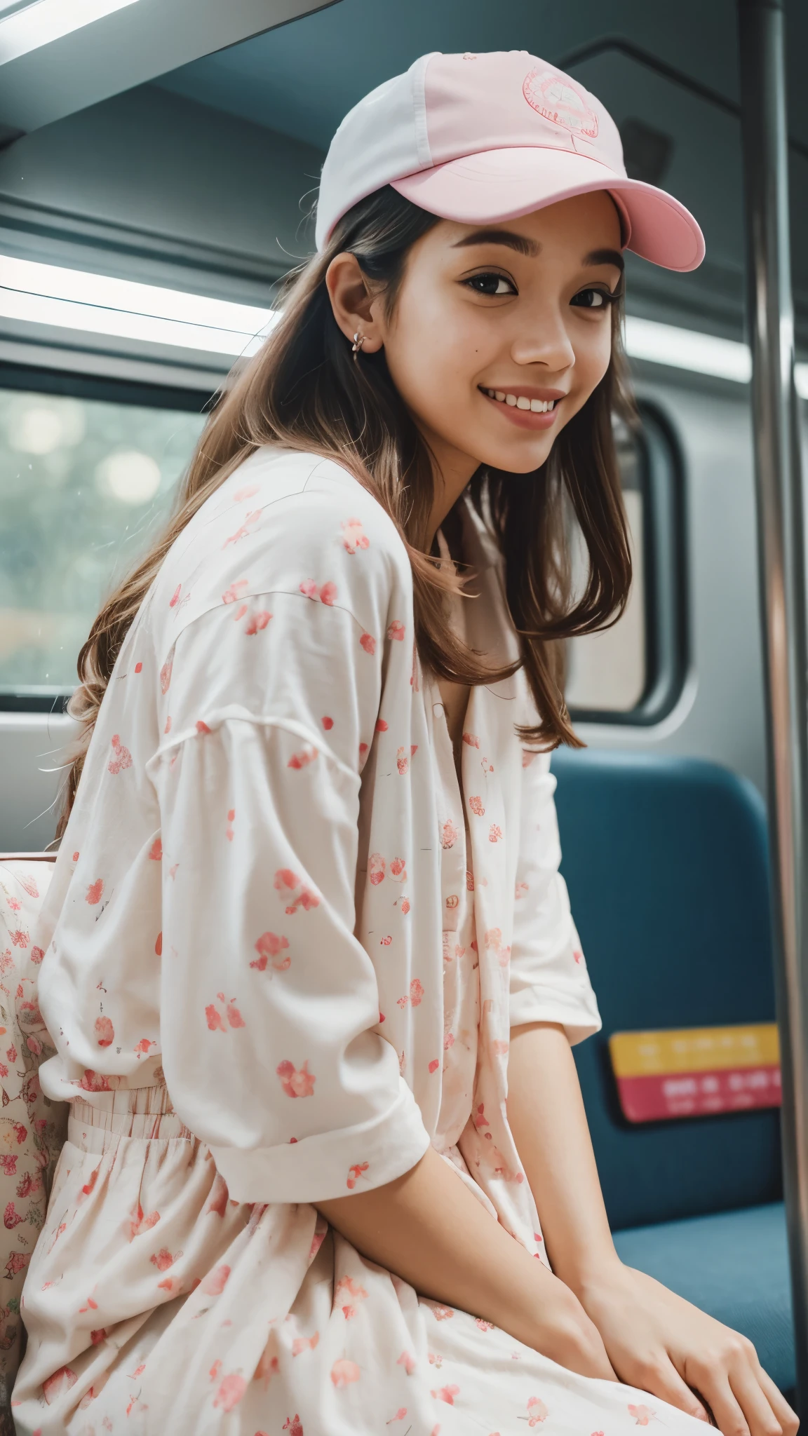 Malay girl very long white shiny hair with double big hair bun with cute cap, wear pastel pink Floral Print backless dress, pink sneakers, full body pose, seating in train, smiling, very long white hair, wear gold necklace, front view, very long wavy white hair, messy hair, hair blown, windy, detail skin, age spot, detail skin texture, mole below eyes, small breast, flat chest, wide hips, small waists, thick thighs, slim abs, beautiful body, morning, laughing, happy, bright lighting, people in train background, inside train background, blur background, bokeh, location: train, 35mm lense, low angle Shot, Deep Focus cinematography effect, Natural Lighting, cool-toned color grading, high quality, ultra detail, 8k resolution, using Canon EOS C700,