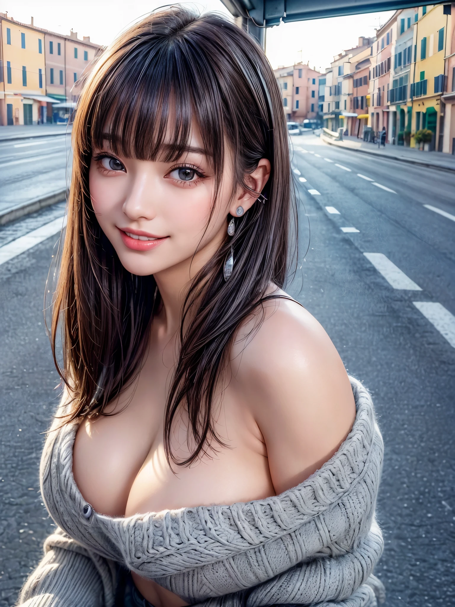 (table top, highest quality、high detail:1.1、Very attractive adult beauty、Add intense highlights to your eyes、Backwards、look back、Beautiful woman full of adult charm、perfect anatomy、silver hear、long hair、shiny hair、lip gloss),1 girl, solo, realistic、tilt your head a little, short and shiny hair、 knit sweater、stylish muffler,bangs、Big eyes、eyelash、face is a little red、embarrassing)、((Road system in Italy in winter、絶対に美しいbangs:1.4))、Big eyes、Give students very strong highlights、(huge breasts:1.4}、very big ger breasts、very beautiful beauty、Please show your ears、long neck、smile a little、beautiful teeth、open your mouth and smile、heart-shaped eyes))、28 years old、very cute super model、tall