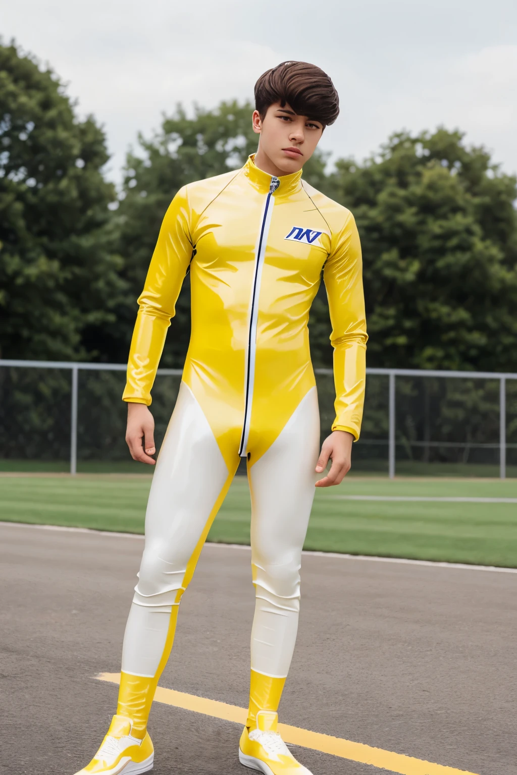 A high school boy wearing mix white and yellow color latex catsuit with socks 