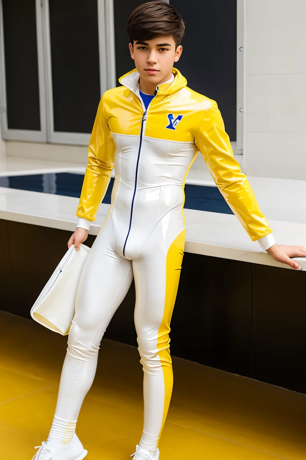 A high school boy wearing mix white and yellow color latex catsuit with socks