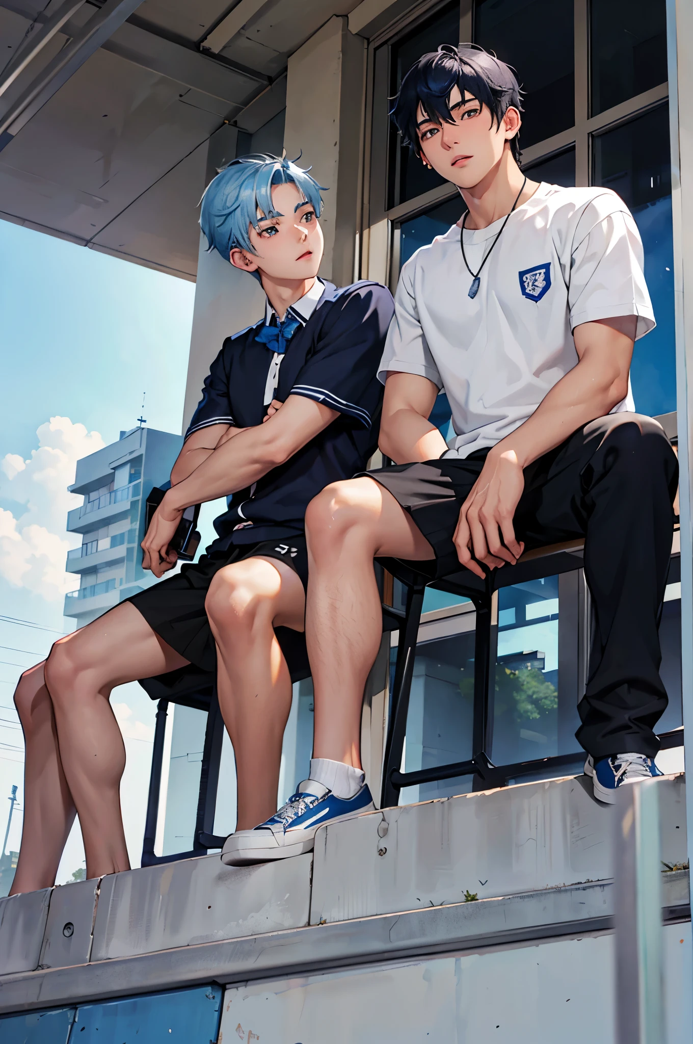 There are two boys with white skin and blue hair, handsome high school students in high school uniforms, , on the terrace of a school building, they are sitting next to each other, they are wearing a gray school shirt and black pants.