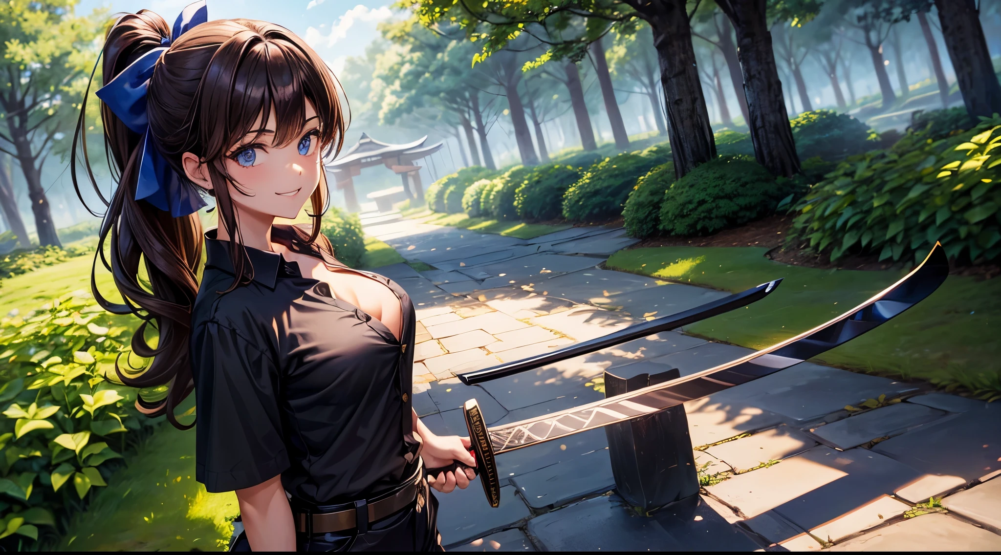 1girl, solo, ninja, forest, trees, Japan, medieval, ((black hair)), ponytail, large breasts, ((black shirt)), ((unbuttoned shirt)), unbuttoning buttons, popping buttons, ((short sleeved shirt)), cleavage 1:3, purple eyes, ((black shorts)), grin, standng, hair ribbon, samurai sword, katana, looking at the viewer