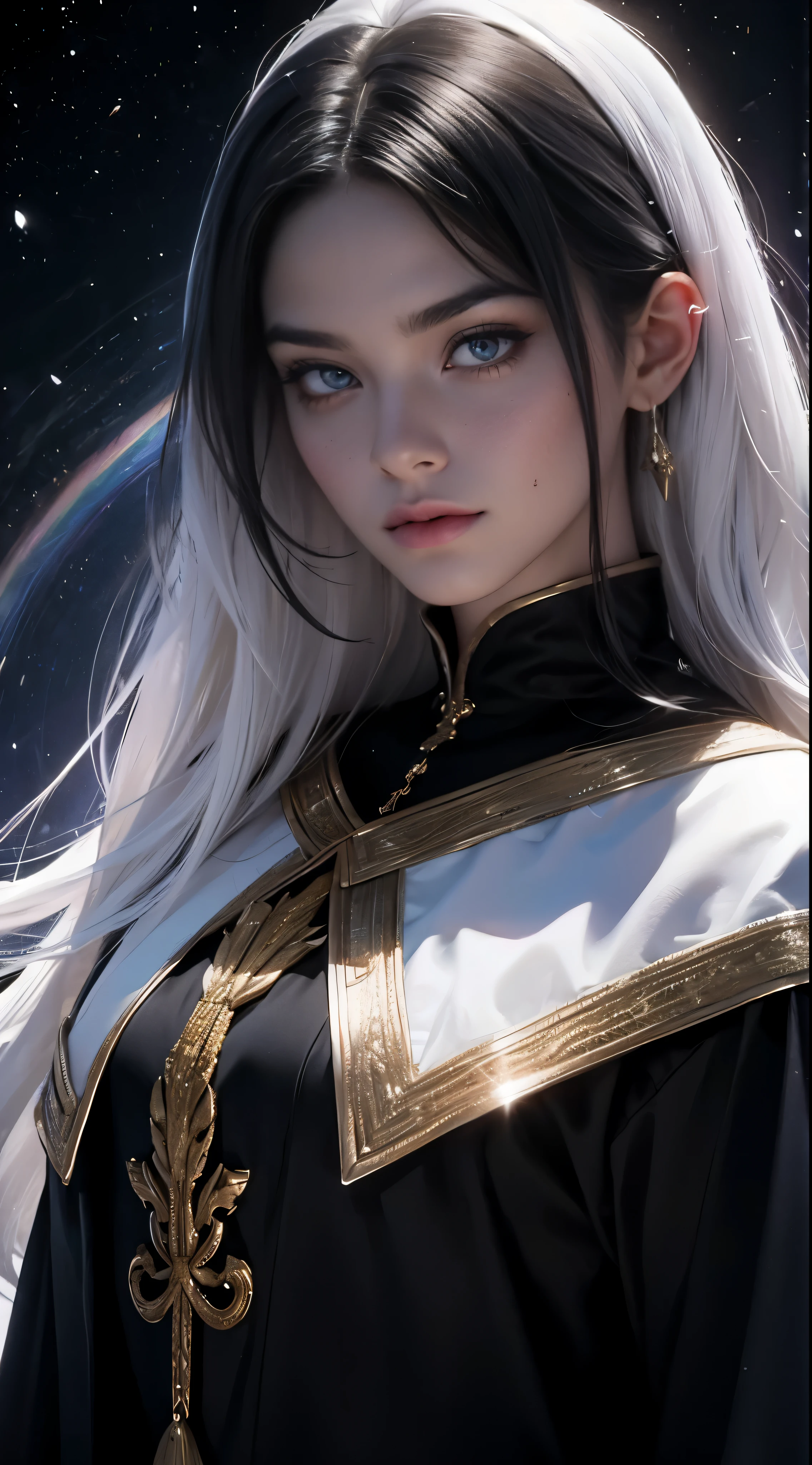 mulher negra, dark black skin reference, 40 anos, longos cabelos brancos de neve, Rainbow Color Eyes, vestindo um tecido de seda fino e brilhante. The background is a hall of the universe. 8k, obra-prima da melhor qualidade. Por favor, preciso que a pele dela seja preta, keep the characteristics but with a skin black and a expression of a person of 40 anos