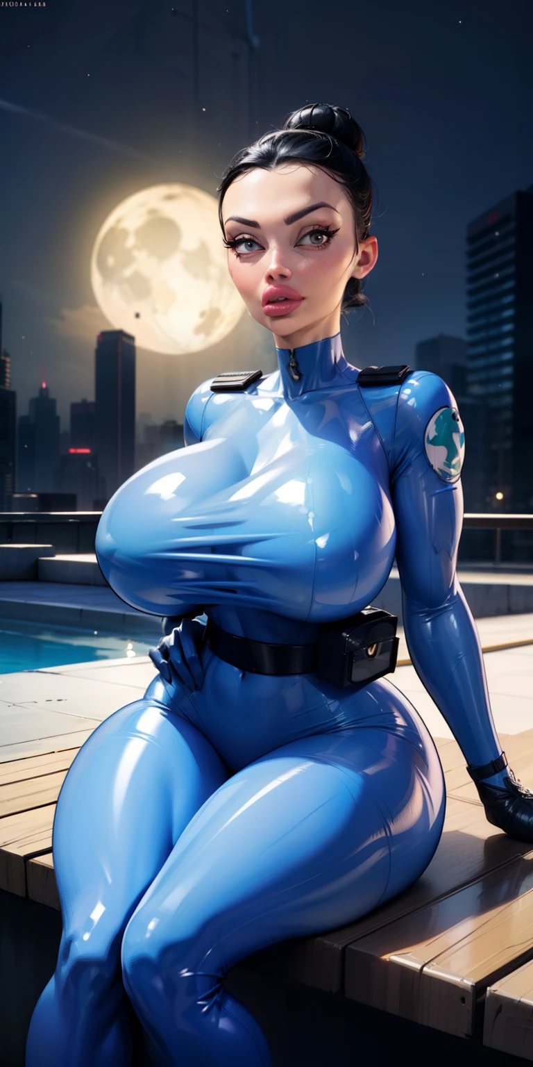 Lean fit agent honeydew girl from the dark knight stands imposing in a gothic lost city. Blue bodysuit, black hair, (gigantic breasts), Moonlight highlights her fit and lean figure, ((hair bun)), ((hair bun sits low)), Slender hips, (hip dips), intricate bodysuit, logo on shoulder, (black utility belt), ((low sitting belt)), The scenery is grim and mysterious, with futuristic tech and surroundings. The camera details everything, (((masterpiece)))