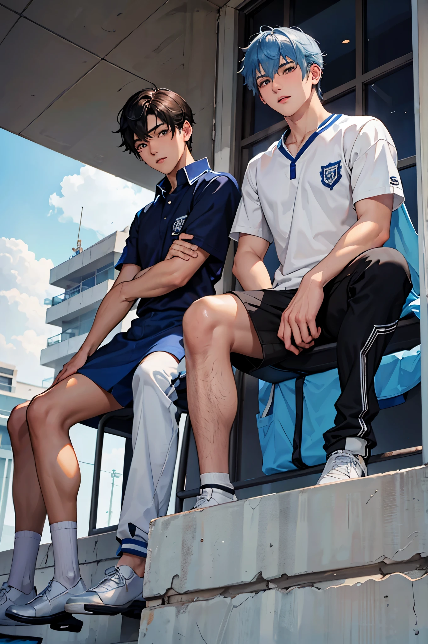 There are two boys with white skin and blue hair, handsome high school students in high school uniforms, 15 years old, on the terrace of a school building, they are sitting next to each other, they are wearing a gray school shirt and black pants.