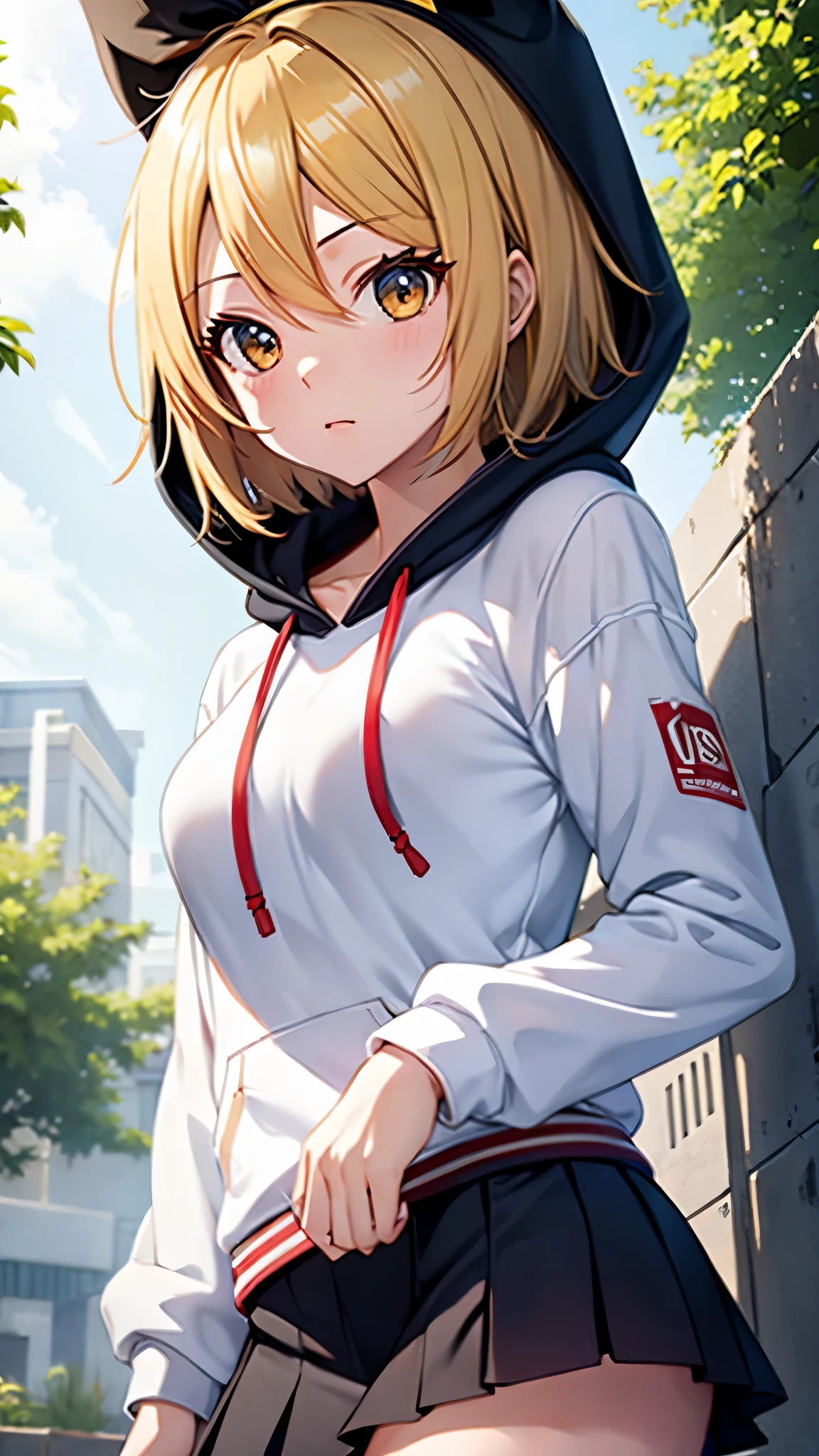 Kagamine rin , 1 girl , wearing a red hooded sweater , white miniskirt with gold horizontal lines , viendo al espectador , bragas visibles , rostro seductor ,(imagen de ultra alta calidad 8k ) obra maestra ( high-definition picture ) , maximum image resolution , ( detalles de la imagen bien definidos )
