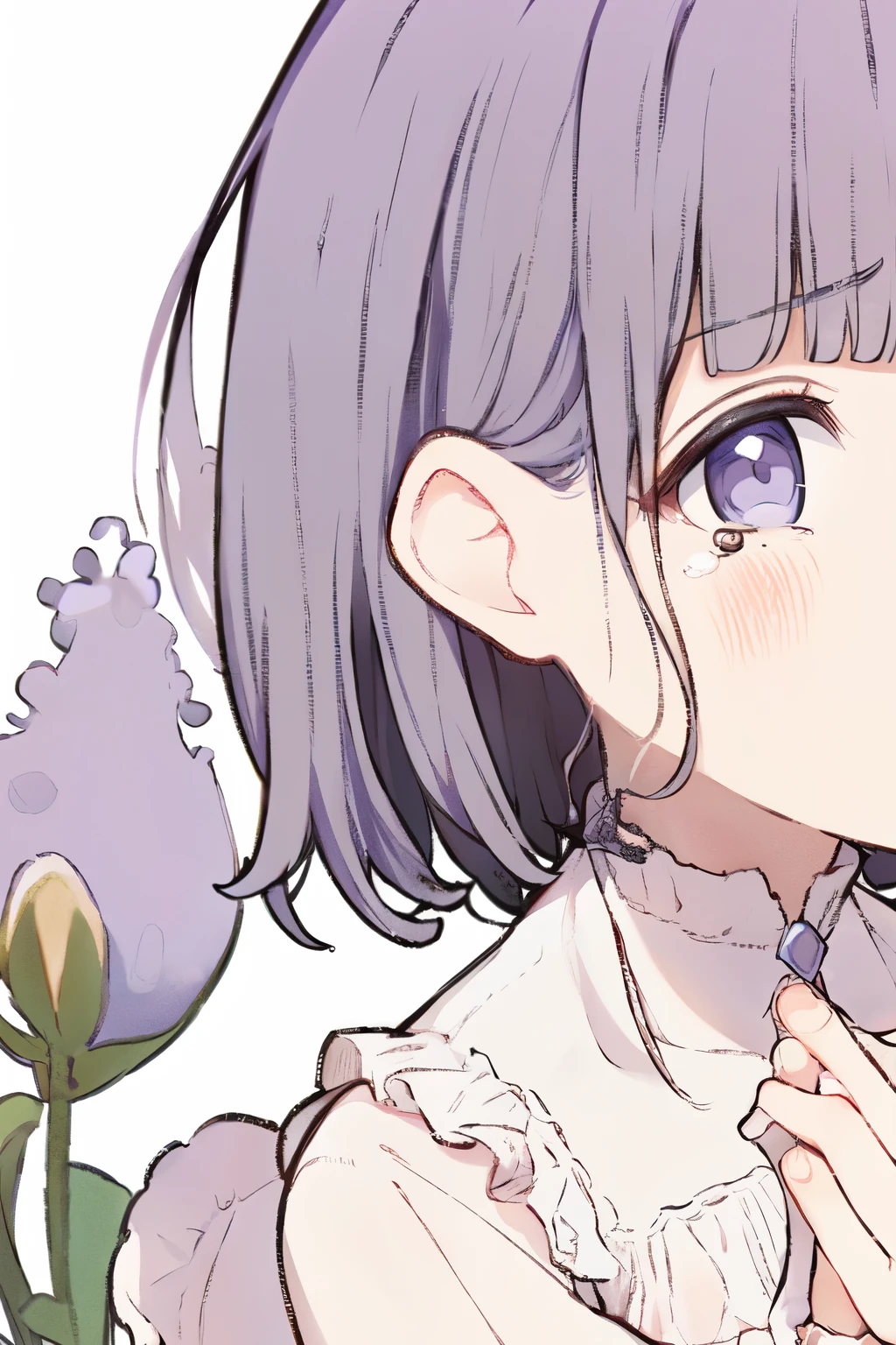 ((best quality)), ((masterpiece)), (detailed), perfect face, anime girl with purple hair around of garden of lavenders, an anime drawing inspired by Yanjun Cheng, pixiv, rococo, anime visual of a cute girl, beautiful anime art style, anime aesthetic, high quality anime artstyle, guweiz, soft anime illustration, lilac, beautiful anime portrait, sakimichan, anime art style, beautiful anime style, cute dressing, cute dress, sad, sorrowful, cry, girl crying, sad girl, desolate girl, full-body