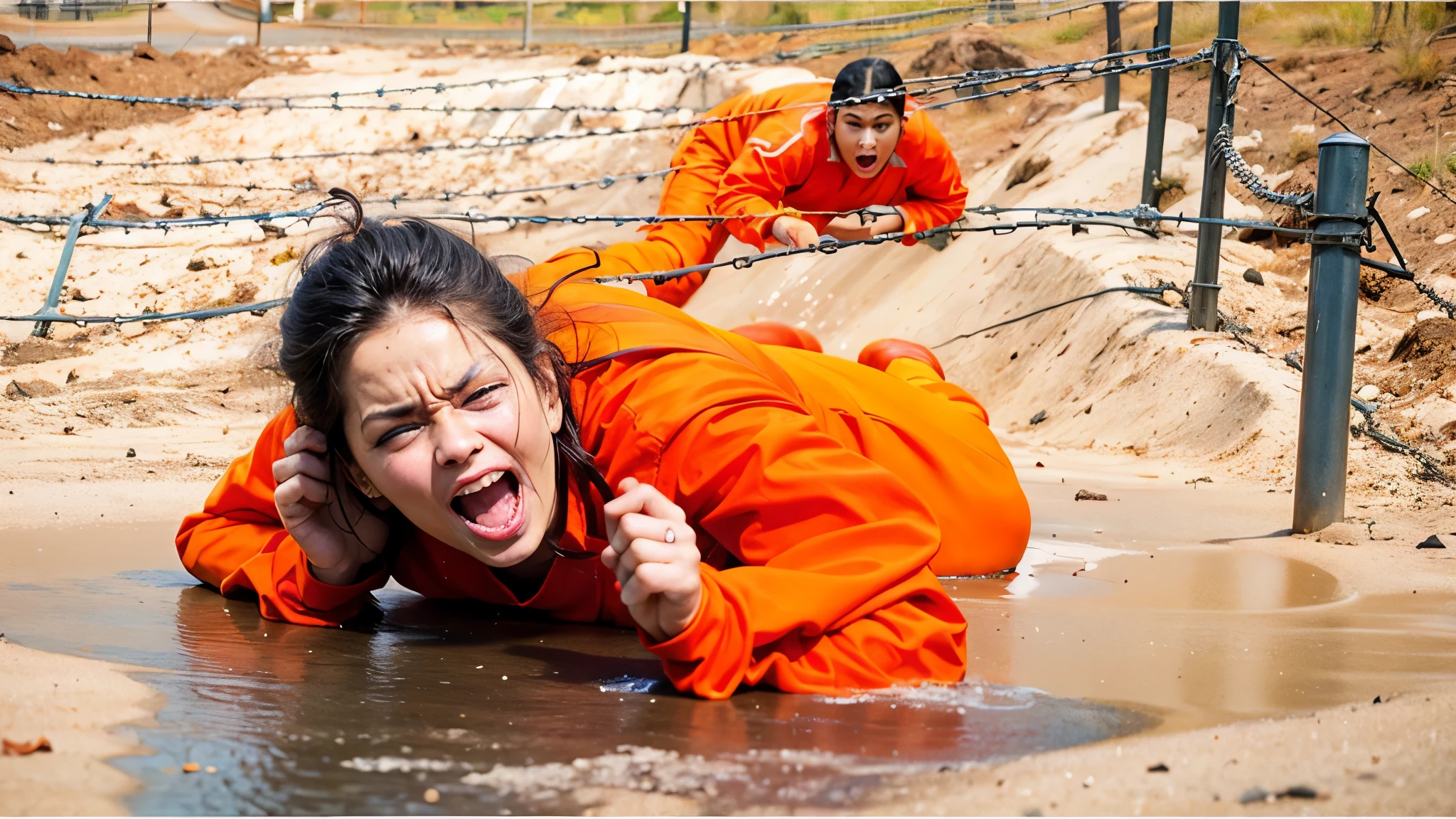 there is two woman prisoner wearing orange outfit jumpsuit crawling in the sand with dirt water, two woman prisoner shouting and angry begging for help, people crawling in fear, in orange clothes, wearing orange prison jumpsuit, two woman prisoner wearing orange outfit jumpsuit crawling of spiky barbed wire, trying to escape, realistic image, 16k resolution, very detailed, caught on footage, very detailed faces, very detailed grip fingers, background is prison ground area
