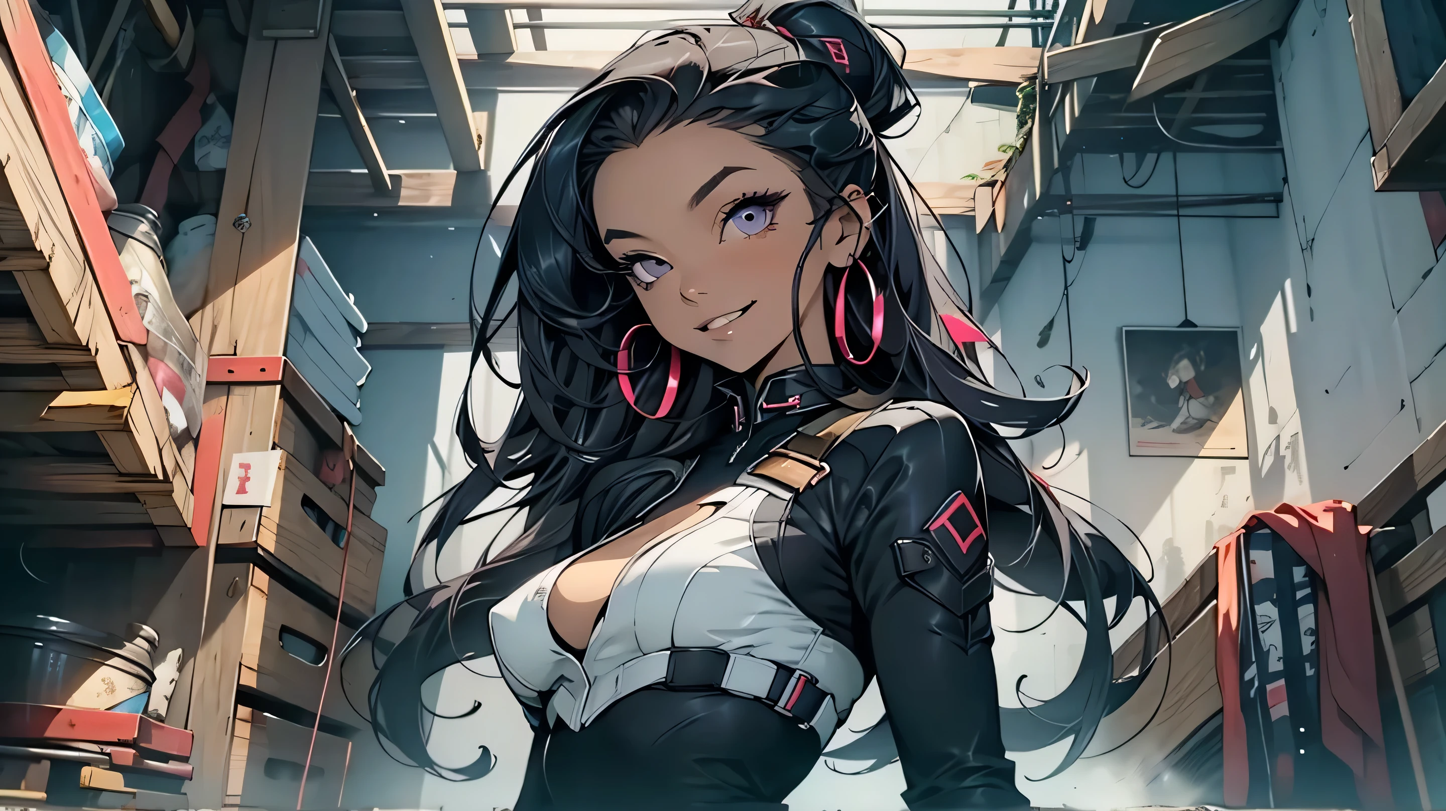 (masterpiece:1.2, best quality), (1girl, solo),(3/4 view), make up, parted lips, highly-detailed, perfect face,(perky breasts:1.8),hourglass figure, attractive waist, tall, best quality, expressive eyes, perfect face, black skin tone, long black hair, female, purple eyes, smiling, slightly chubby, sexy, flirting, seductive pose