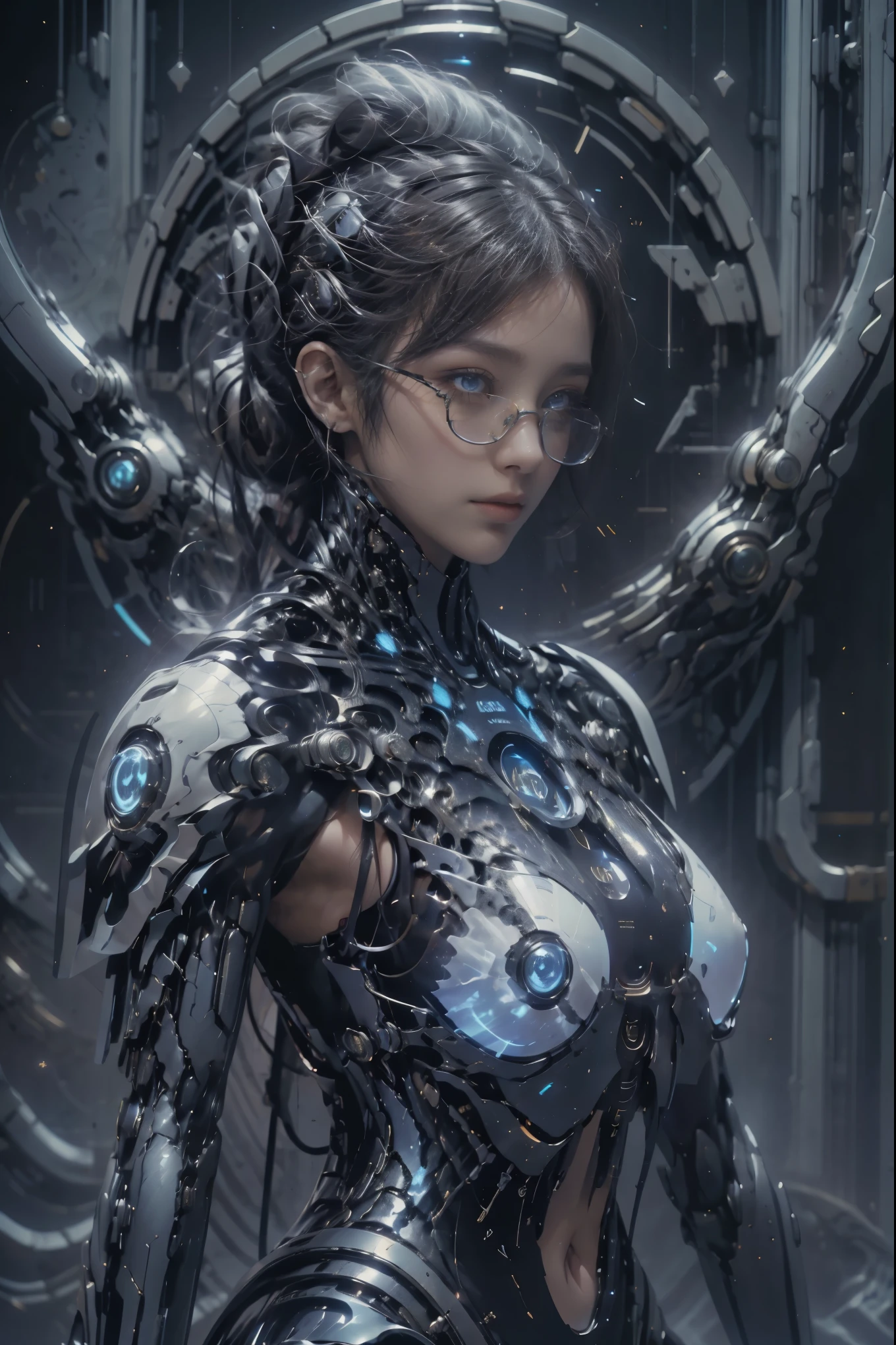 a girl，Luminous glasses，pretty face，Cold eyes，Upper body，Front view，looking at the audience，tarot cards，Futuristic sci-fi style，from behind,Blue mech