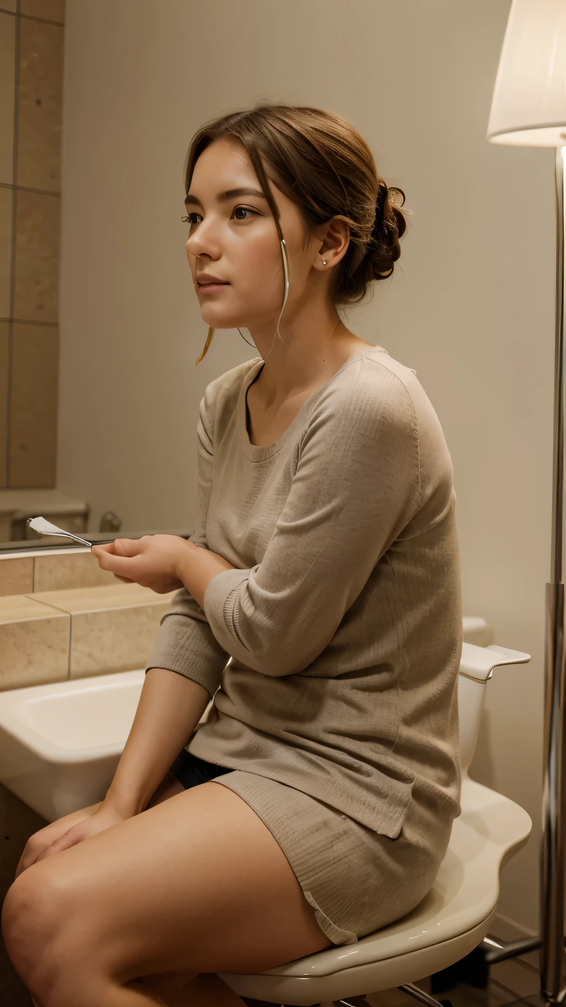 The choir leader seated and casually shaving, with a focus on her face and the interaction, without explicit details.