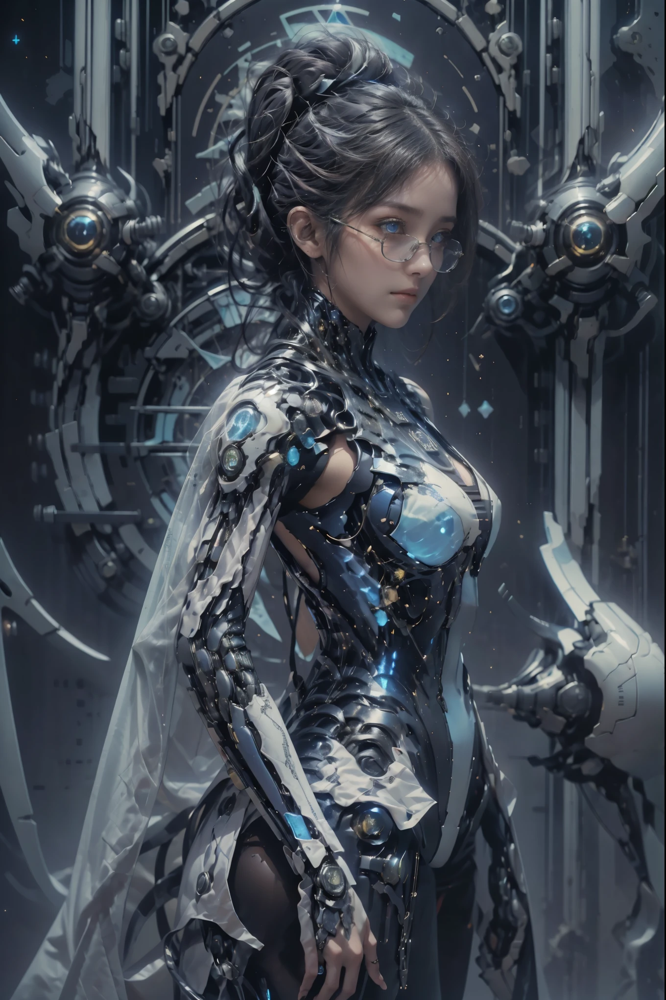 a girl，Luminous glasses，pretty face，Cold eyes，Upper body，Front view，looking at the audience，tarot cards，Futuristic sci-fi style，from behind,Blue mech