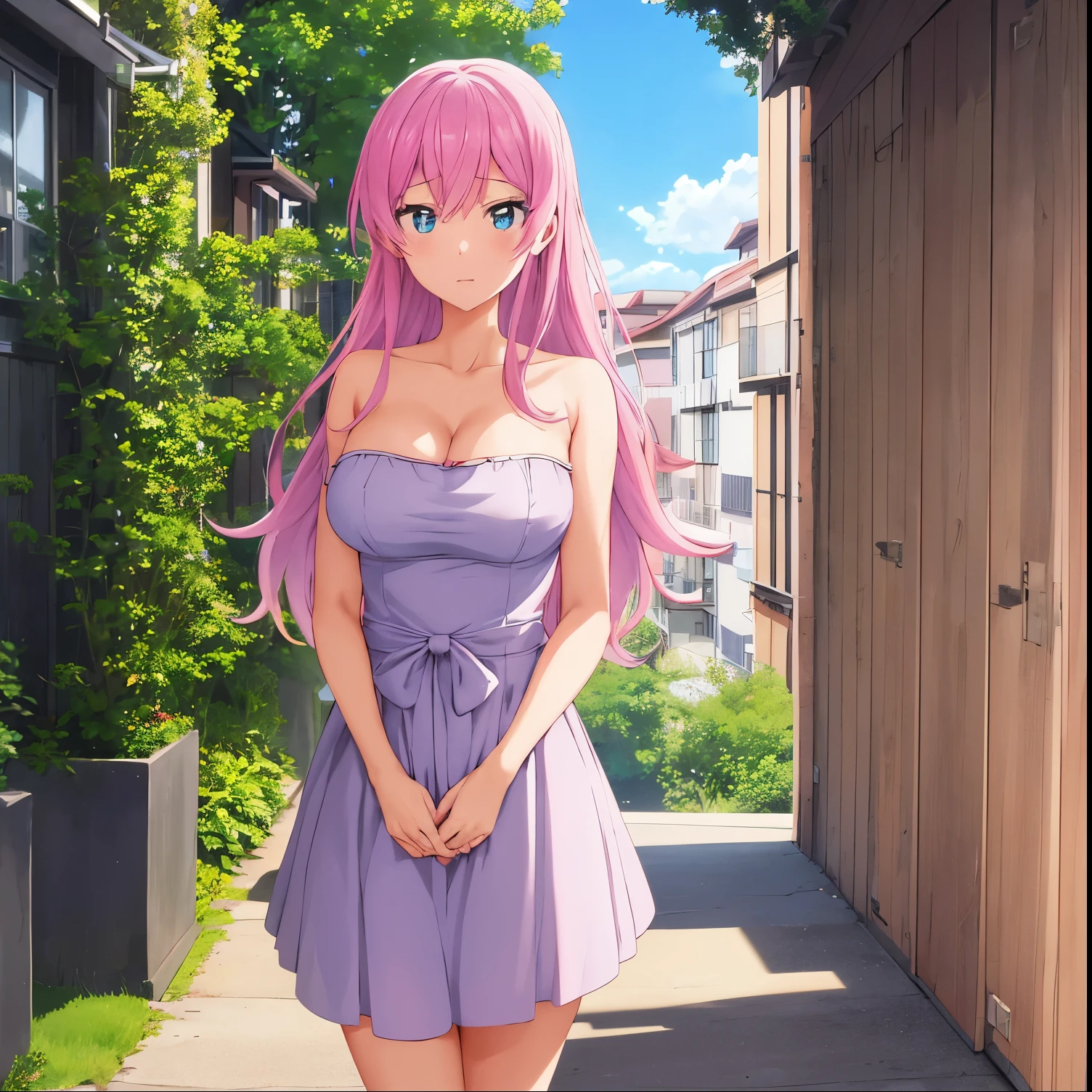 1girl, alone,akari watanabe, long hair, solo,  pink hair, blue eyes, looking at viewer, large breasts,  1girl , strapless dress, jeans,big breasts, medium waist, wide hips, wide thighs, cleavage, excellent anatomy, excellent hands