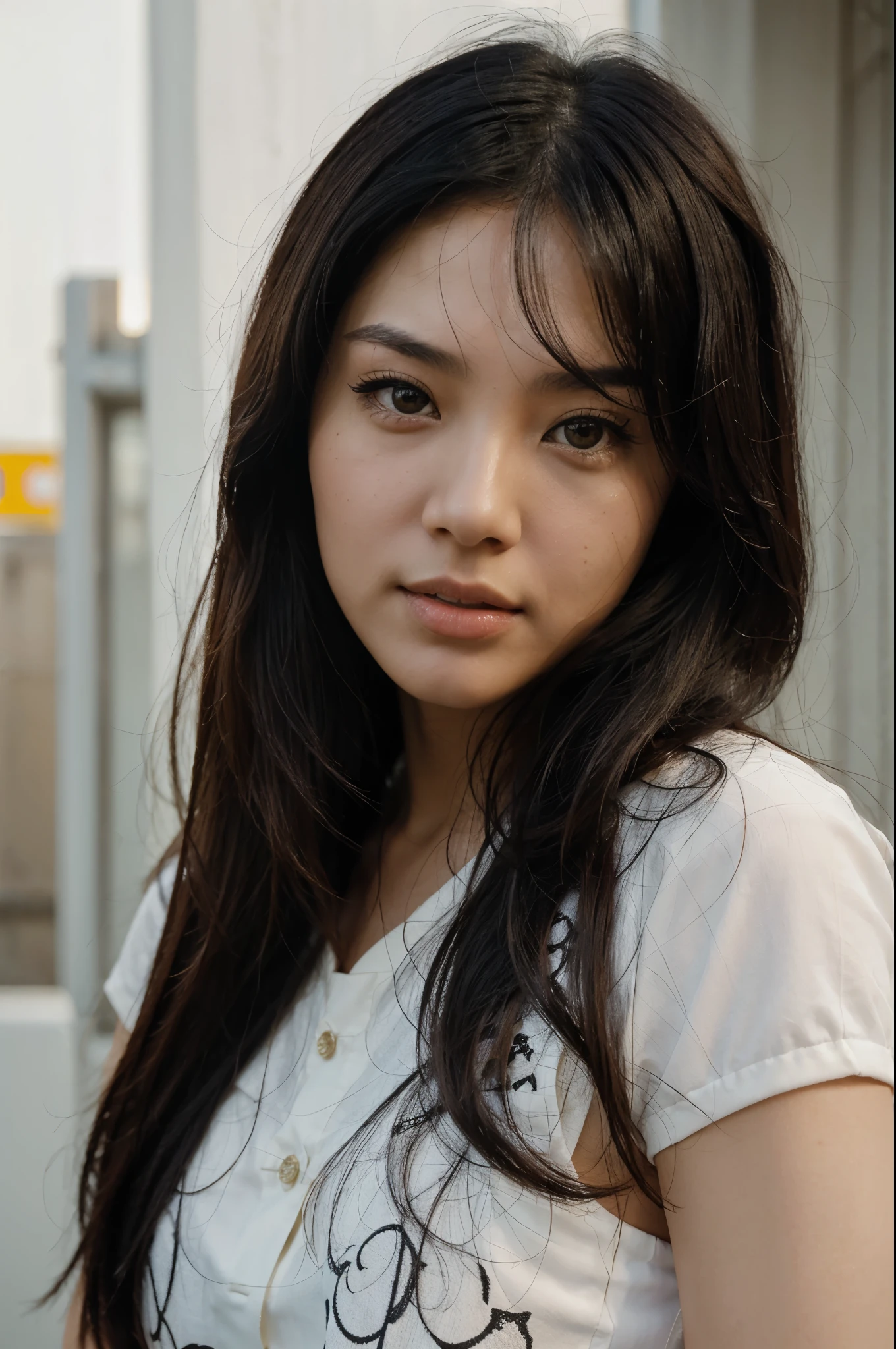 asian woman with long black hair looking at the camera, in the style of realist detail, criterion collection, light brown and white, mote kei, celebrity portraits, close up, dotted