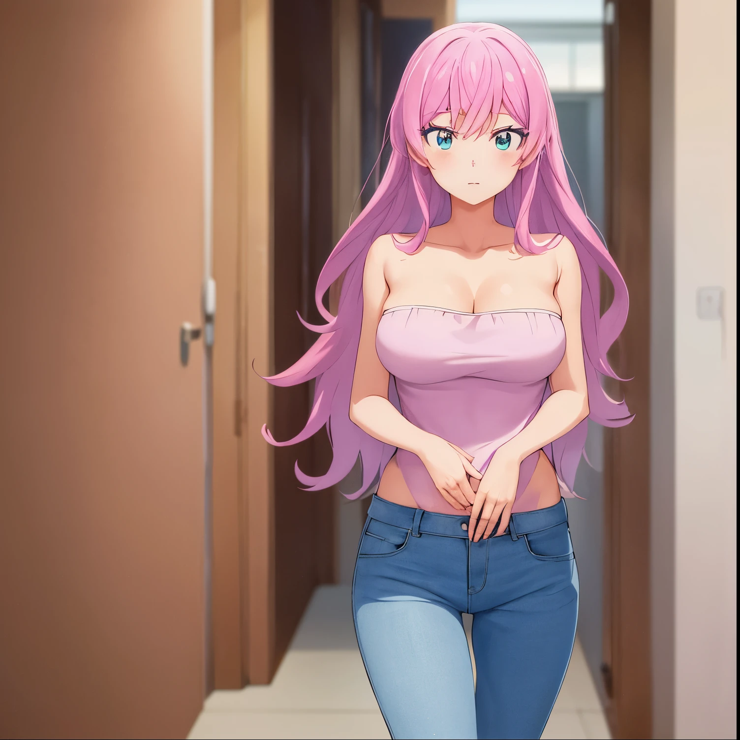 1girl, alone,akari watanabe, long hair, solo,  pink hair, blue eyes, looking at viewer, large breasts,  1girl , strapless dress, jeans,big breasts, medium waist, wide hips, wide thighs, cleavage, excellent anatomy, excellent hands