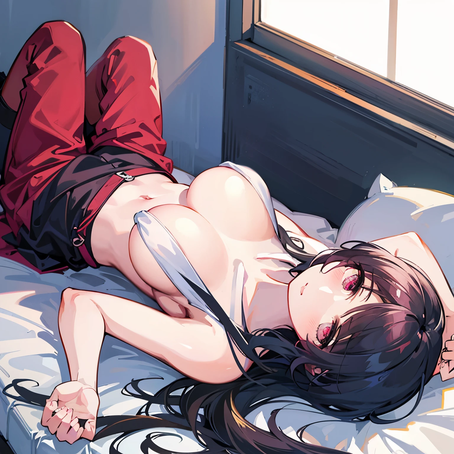 Lying on bed in black underwear、Anime girl with open shirt, seductive anime girls, big curve , Beautiful anime girl lying down, Hands touch thighs, Best Anime 4K Konachan Wallpapers, [ 4k digital art ]!!, guweiz on pixiv artstation, Anime cute art style, Sexual innuendo