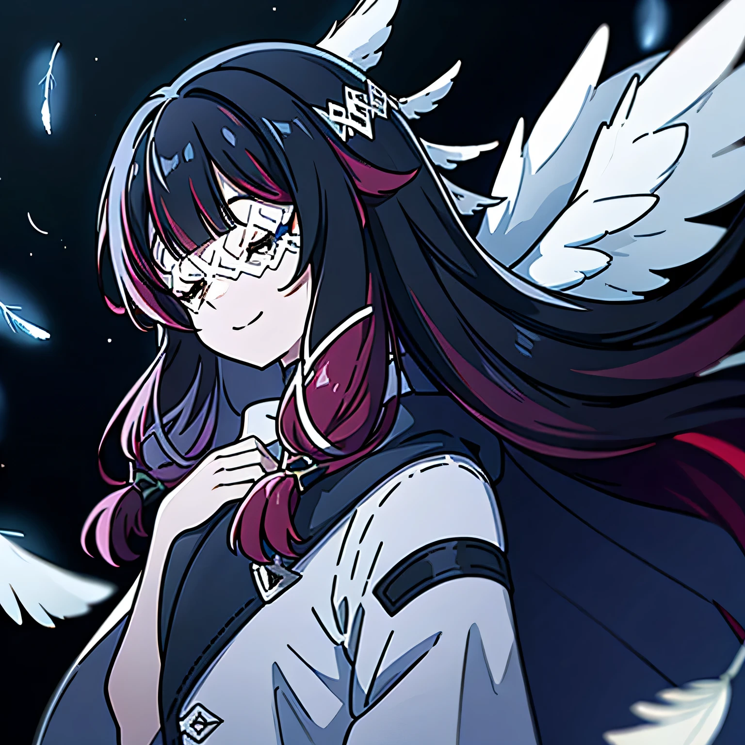 1girl, long hair, black hair, red hair, solo, closed eyes, eye_mask, head wings, hair ornament, blunt bangs, light blue spotlight shining down, feathers, dark, angel wings, falling feathers, evil, mysterious, over the shoulder pose, black background, wind, smiling, jacket