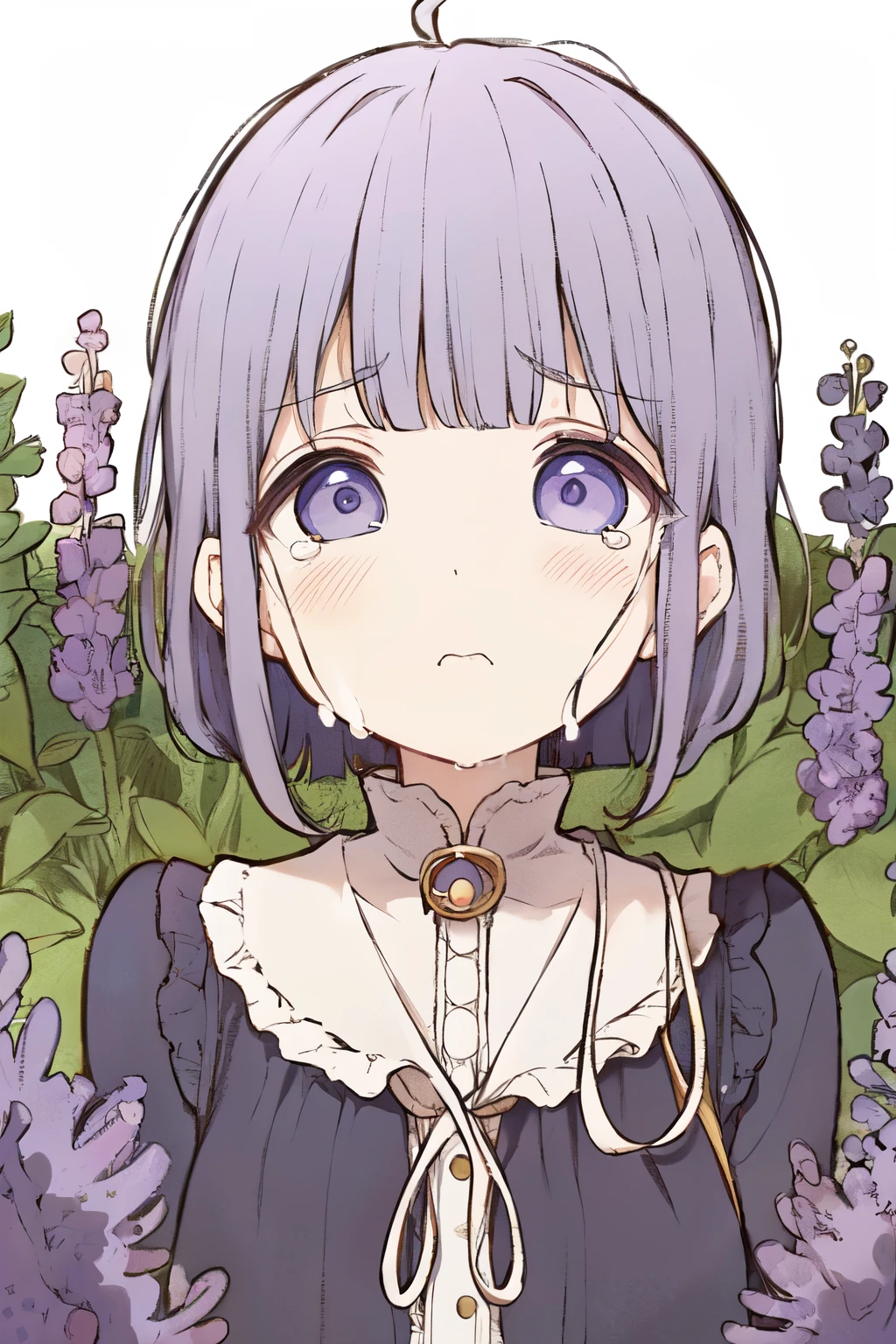 ((best quality)), ((masterpiece)), (detailed), perfect face, anime girl with purple hair around of garden of lavenders, an anime drawing inspired by Yanjun Cheng, pixiv, rococo, anime visual of a cute girl, beautiful anime art style, anime aesthetic, high quality anime artstyle, guweiz, soft anime illustration, lilac, beautiful anime portrait, sakimichan, anime art style, beautiful anime style, cute dressing, cute dress, sad, sorrowful, cry, girl crying, sad girl, desolate girl, full-body