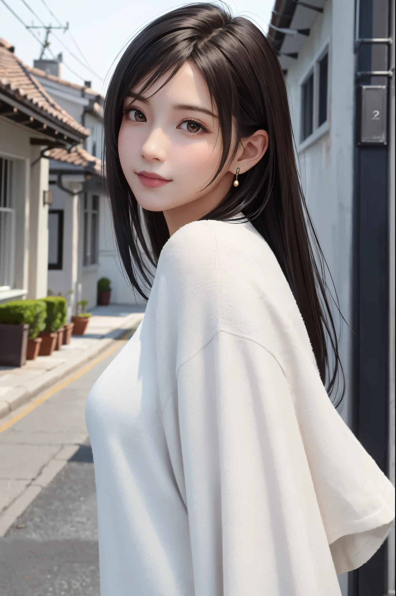 (Top Quality, Masterpiece: 1.1), (Realistic: 1.3), Wallpapers,ultra high res,ultra high quality,  BREAK (((FF7,Tifa_lockhart))),Ultra-detailed face, Detailed eyes,(black Brown Hair, Large breasts: 1.2),(Imaginative Macanese Female Page,background is Unique The Tablets of Stone,at Sunrise), side view:1.2, BREAK (wearing oversized loose sweater, Exquisite cloth, white Clothes),clothed,(No Bra) ,(Small and beautiful hard nipple),(shiny oiled skin: 1.1), about 18 years old, BREAK  smile,kawaii,(gravure pose:1.2),cowboy shot 