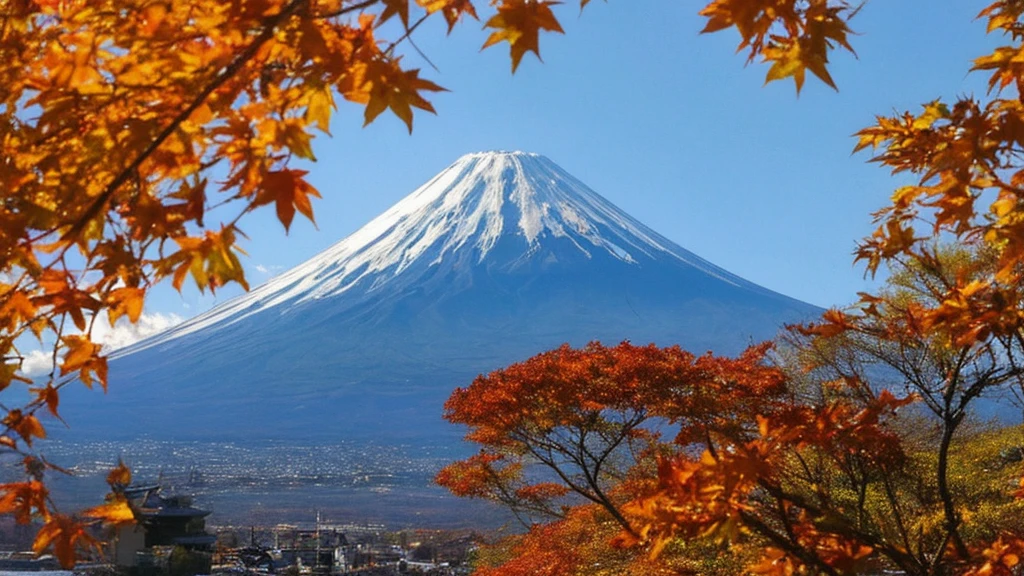 There are Mt. Fuji and autumn leaves in the foreground.、Make it look like a Japanese anime。