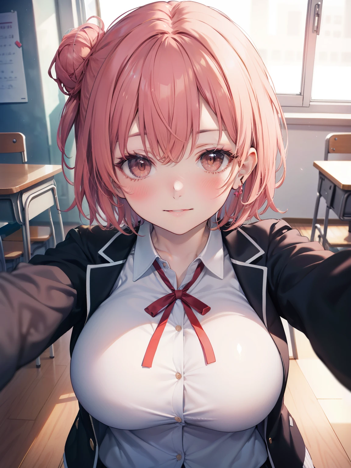 Yuigahama Yui, short hair, (brown eyes), Pink hair),  single bun hair, 
1girl,  shirt, ribbon, school uniform, Jacket, white shirt, black Jacket, blazer, sobu high school uniform, 

looking at viewer, 
(masterpiece:1.2), highest quality, High resolution, unity 8k wallpaper,  (beautiful and fine eyes), highly detailed face, perfect lighting, Very detailed CG, (perfect hands, perfect anatomy),

(blush:1.2), smile, 
(huge breasts:1.2), 
classroom, 
upper body, focus breasts, 
incoming hug kiss, 
from above, 