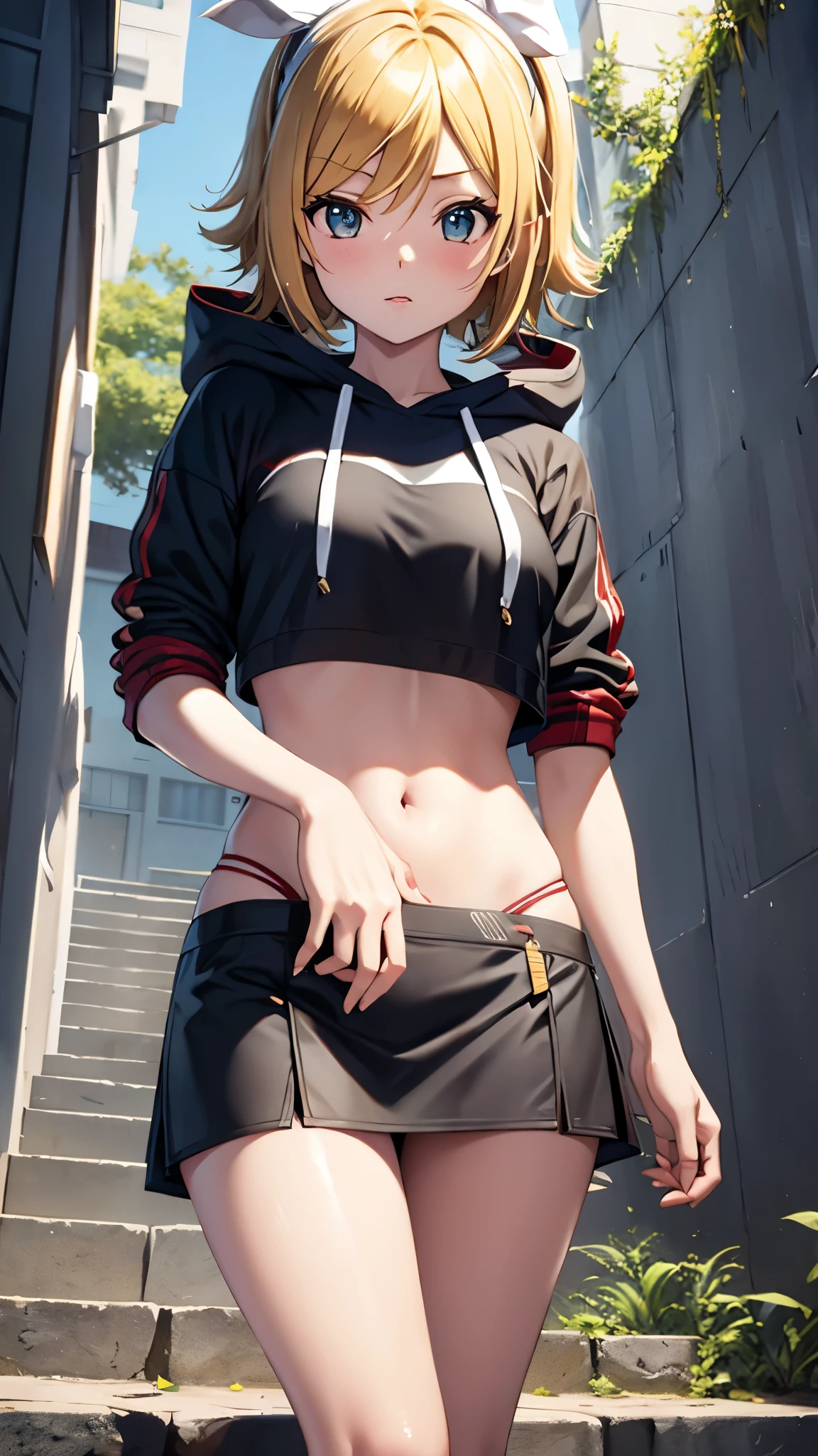 Kagamine rin , 1 girl , wearing a red hooded sweater , white miniskirt with gold horizontal lines , viendo al espectador , bragas visibles , rostro seductor ,(imagen de ultra alta calidad 8k ) obra maestra ( high-definition picture ) , maximum image resolution , ( detalles de la imagen bien definidos )