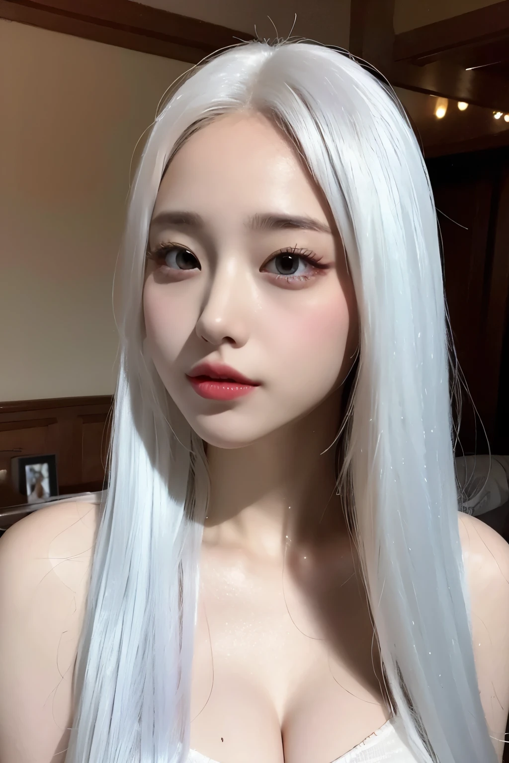 realistic, High resolution, 1 female, glowing skin, alone, wide lips,long hair,straight hair,saggy breasts,small face,white hair,Color Contacts,Trendy fashion,Full body coordination daytime,realistic skin texture,Real,K-pop Idol