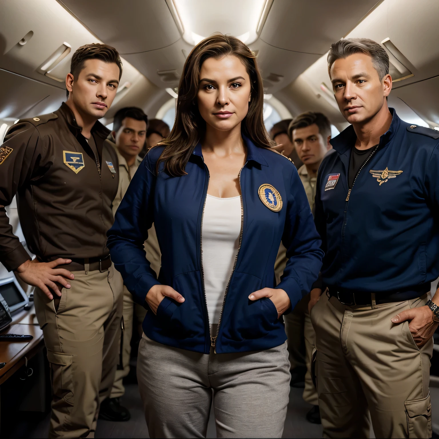 portrait of a middle aged woman with a jacket that is opened just a little bit so you can almost see her saggy tits and nipples, with her hands in her pockets, surrounded by a group of male navy pilots and their planes