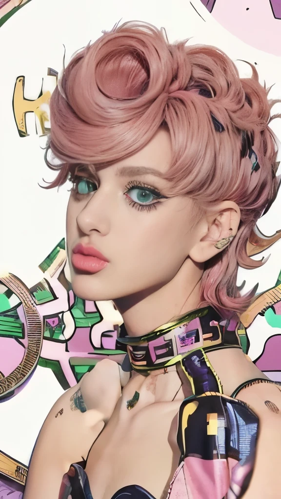 a cartoon girl with pink hair and a pink collar, jojo anime style, giorno giovanna, in jojo\'s bizarre adventure, 8 0 s anime art style, portrait knights of zodiac girl, decora inspired illustrations, in the art style of 8 0 s anime, lisa frank & sho murase, knights of zodiac girl, gyro zeppeli, jojo style