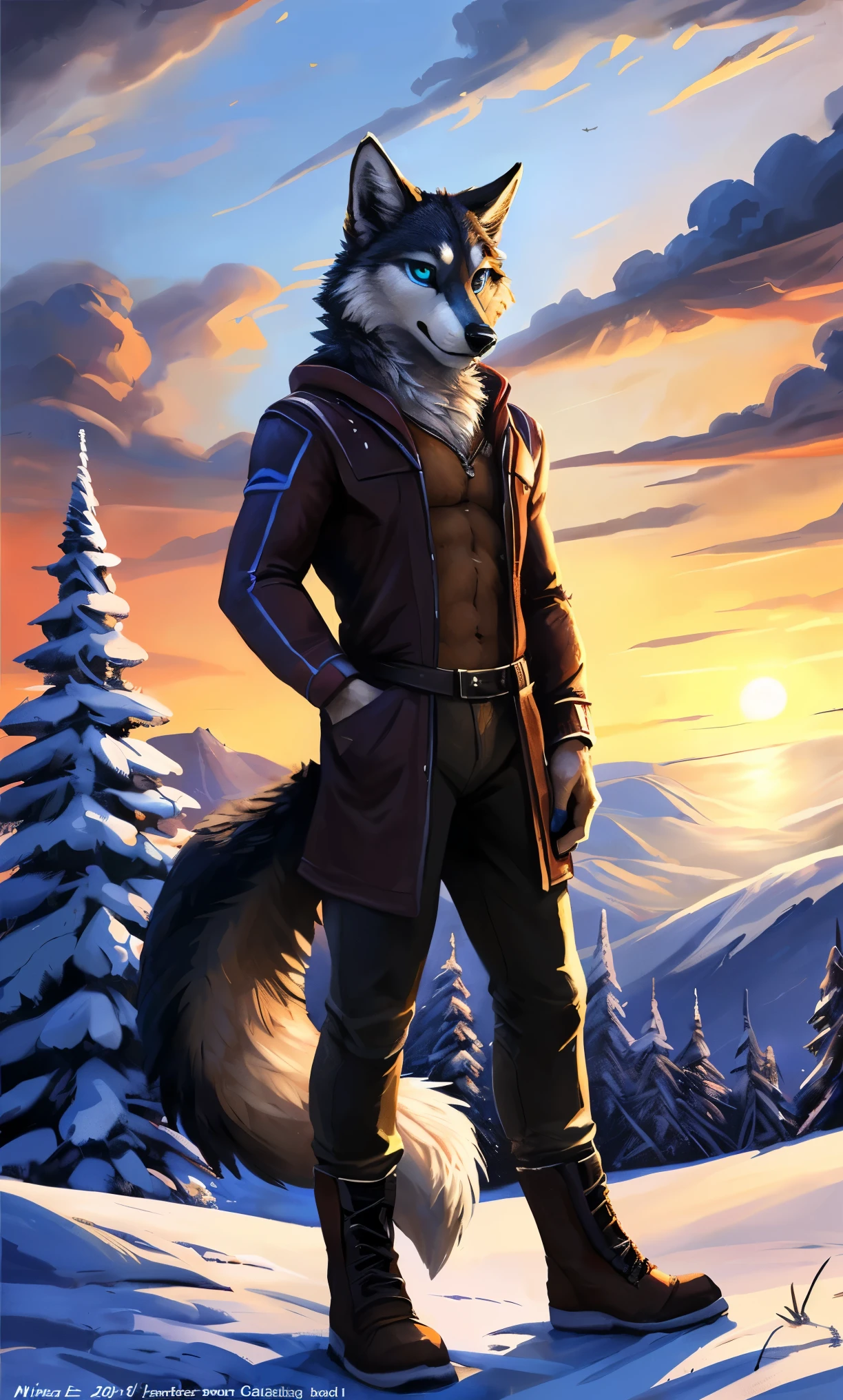 ((Solo)), male people, anthro wolf, (Multi-colored fur, White-brown:1.3,White tail pointed), (Height 2.1m,Tail length 1.2m), ((Wolf face, Big eyes, White eyelids, Blue pupil, Slim:1.2) (Tough, Calm expression:1.2)), Slim, pinging)), (Correct anatomy), (Winter clothing:1.1), The upper body naked, (detailed outfits),A long big tail,Feet,(Realistic fur, Detailed fur texture, labeled:1.3)), (Natural lighting), Photorealistic, Hyperrealistic, ultradetailed, by Kenket,Snowfield,erect through,Running on