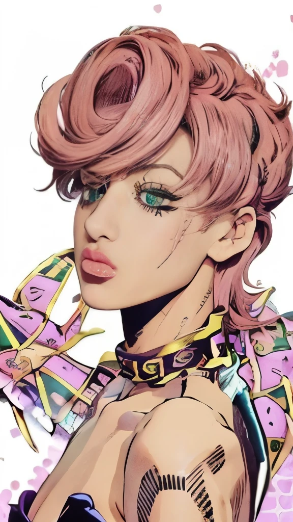 a cartoon girl with pink hair and a pink collar, jojo anime style, giorno giovanna, in jojo\'s bizarre adventure, 8 0 s anime art style, portrait knights of zodiac girl, decora inspired illustrations, in the art style of 8 0 s anime, lisa frank & sho murase, knights of zodiac girl, gyro zeppeli, jojo style