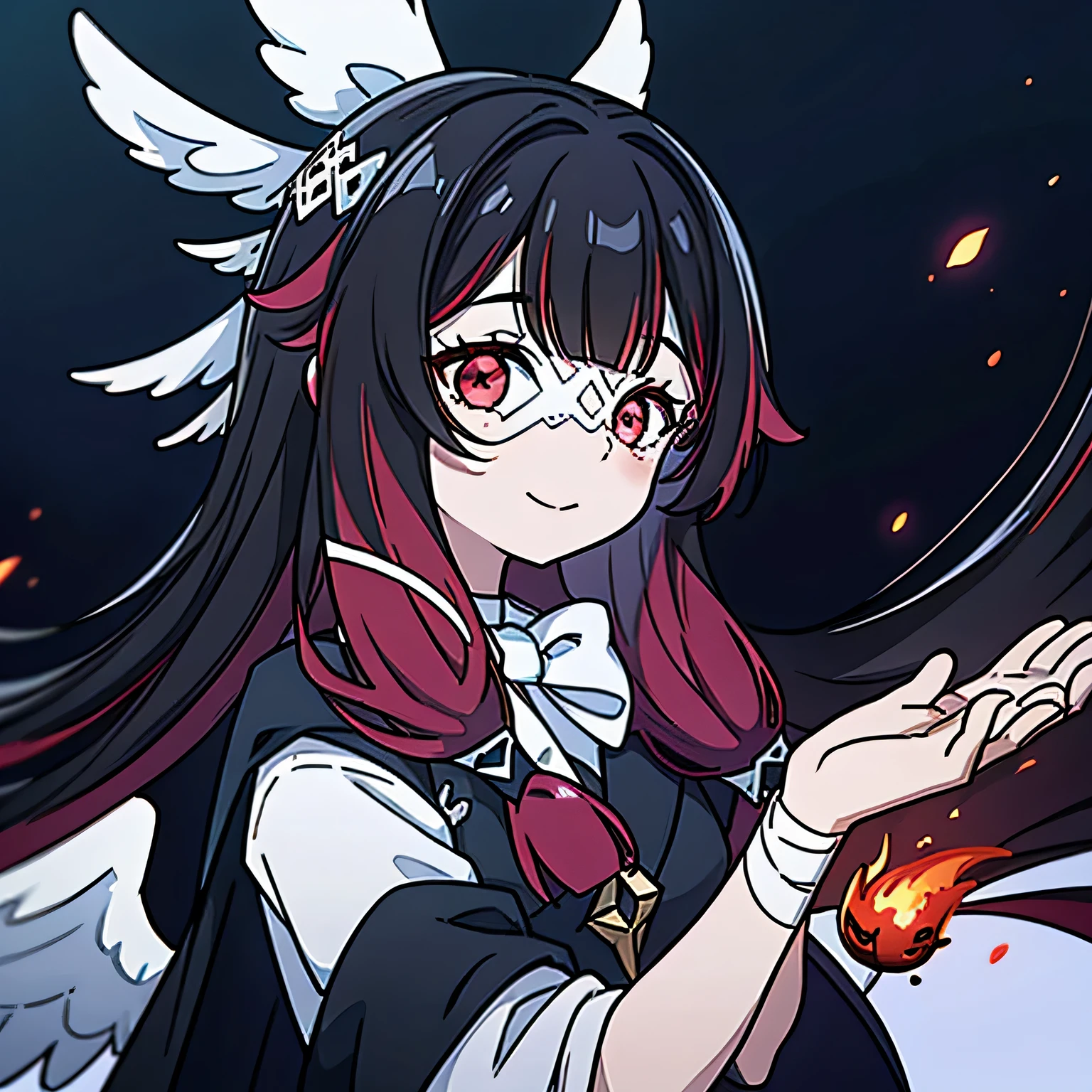 1girl, long hair, black hair, red hair, solo, open eyes, head wings, hair ornament, blunt bangs, smile, dark, angel wings, best quality, high resolutions, 8k resolutions, red eyes