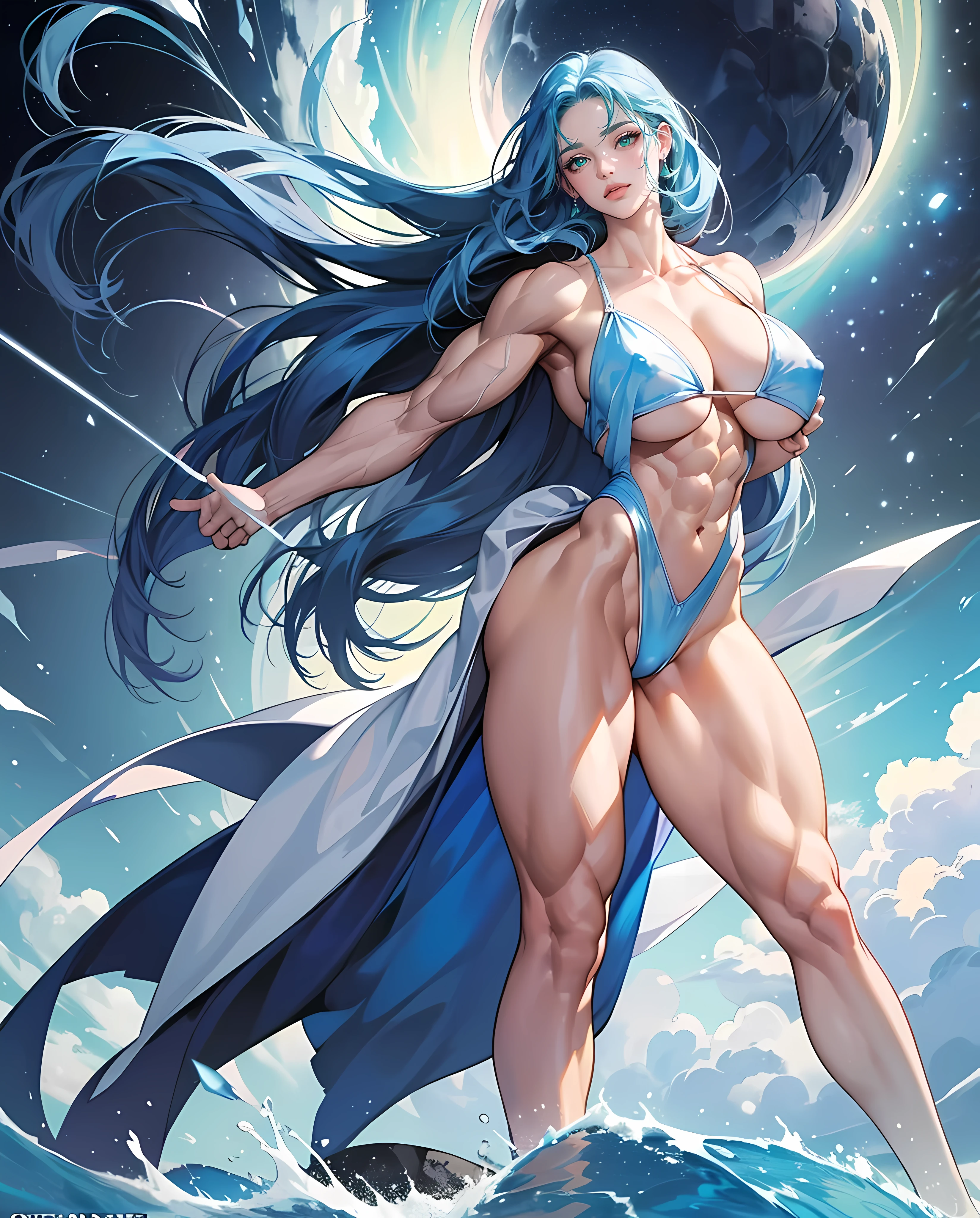 ((Masterpiece)), ((Best Quality)), 8K、top-quality、An ultra-high picture quality、ultra-detailliert、animesque、Ultra-realistic flesh feeling、portlate、full bodyesbian、Sexy beauty、Crab crotch、piece、Cross-eyed、put out the tongue、Super High Leg、The skin is sheer、arms in arms、Raising the chest、Water running through the skin、collarbone visible、Long blue hair、Blue eyes、shinny skin, ((NSFW)), (((accurate anatomy))), (((Huge breasts))), ((long legs)), ((wide hips)), ((((Muscular Legs)))), (((Massive Female Bodybuilder))), (((((Huge Muscles)))))、The background is a fantastic meteor shower