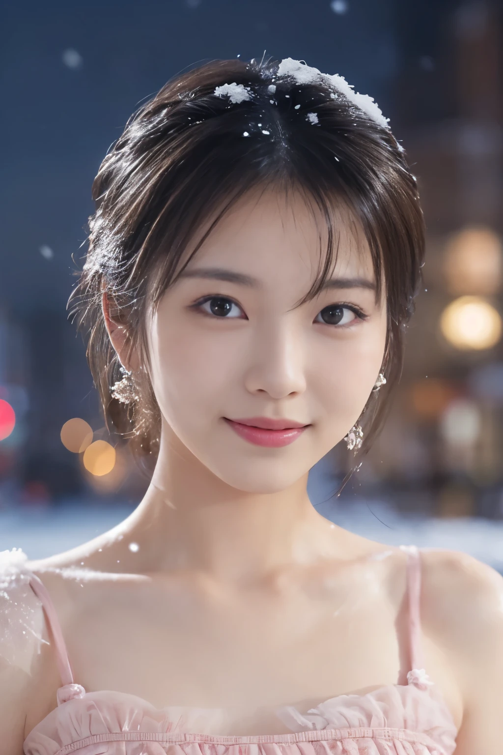 1 girl, (Wearing a pink dress:1.2), Beautiful Japan actress,
(RAW photo, highest quality), (realistic, Photoreal:1.4), masterpiece, 
very delicate and beautiful, very detailed, 2k wallpaper, wonderful, 
finely, very detailed CG Unity 8K 壁紙, Super detailed, High resolution, 
soft light, beautiful detailed girl, very detailed目と顔, beautifully detailed nose, beautiful and detailed eyes, cinematic lighting, 
break
(Against the backdrop of a snowy night cityscape 1.3), city lights, (Snow is flying:1.3), 
perfect anatomy, slender body, smile, Face the front completely, look at the camera