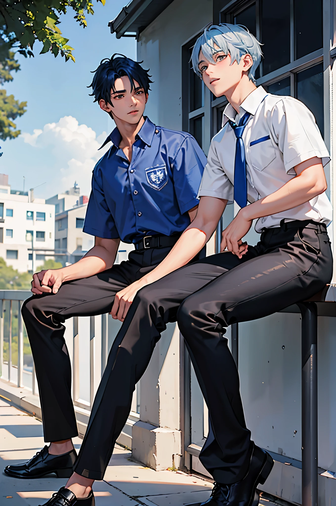 hay dos chico hablando contandose una historia con la boca abierta ,with white skin and blue hair, handsome high school students in high school uniform, 15 years old, on the terrace of a school building, they are sitting next to each other, they wear a gray school shirt and black pants.