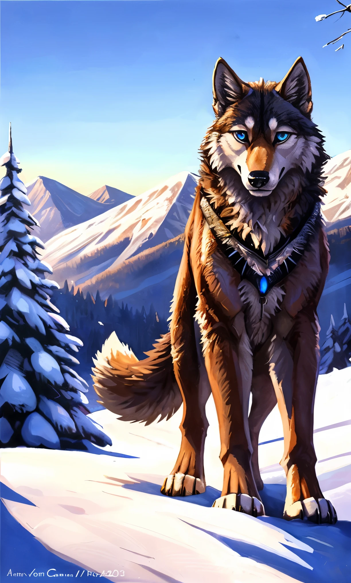 ((Solo)), male people, anthro wolf, (Multi-colored fur, White-brown:1.3,White tail pointed), (Height 2.1m,Tail length 1.2m), ((Wolf face, Big eyes, White eyelids, Blue pupil, Slim:1.2) (Tough, Calm expression:1.2)), Slim, pinging)), (Correct anatomy), (Winter clothing:1.1), The upper body naked, (detailed outfits),A long big tail,Feet,(Realistic fur, Detailed fur texture, labeled:1.3)), (Natural lighting), Photorealistic, Hyperrealistic, ultradetailed, by Kenket,Snowfield,erect through,Running on
